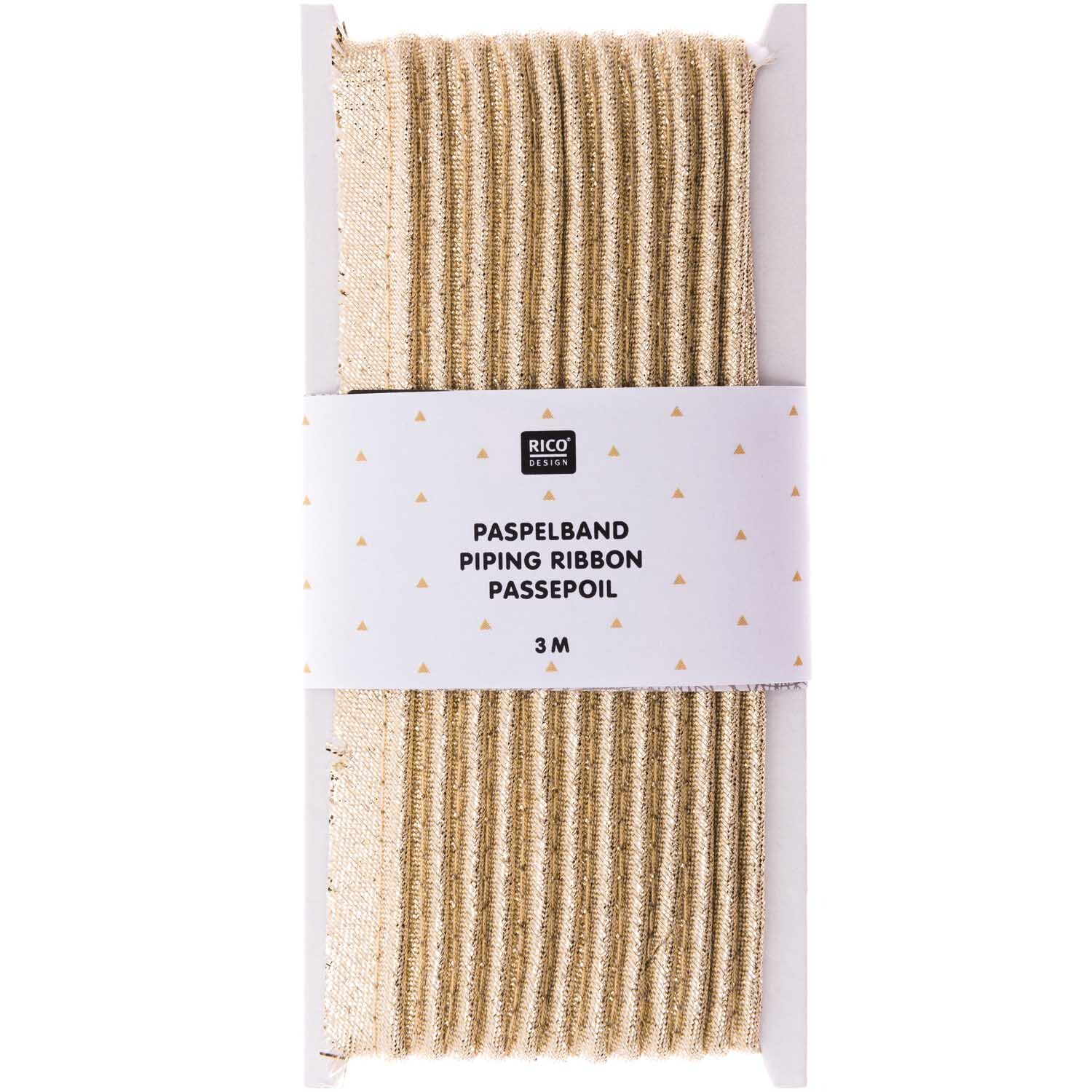 Paspelband gold 1cmx3m von Rico Design, aufgerollt und verpackt, ideal für Nähprojekte.