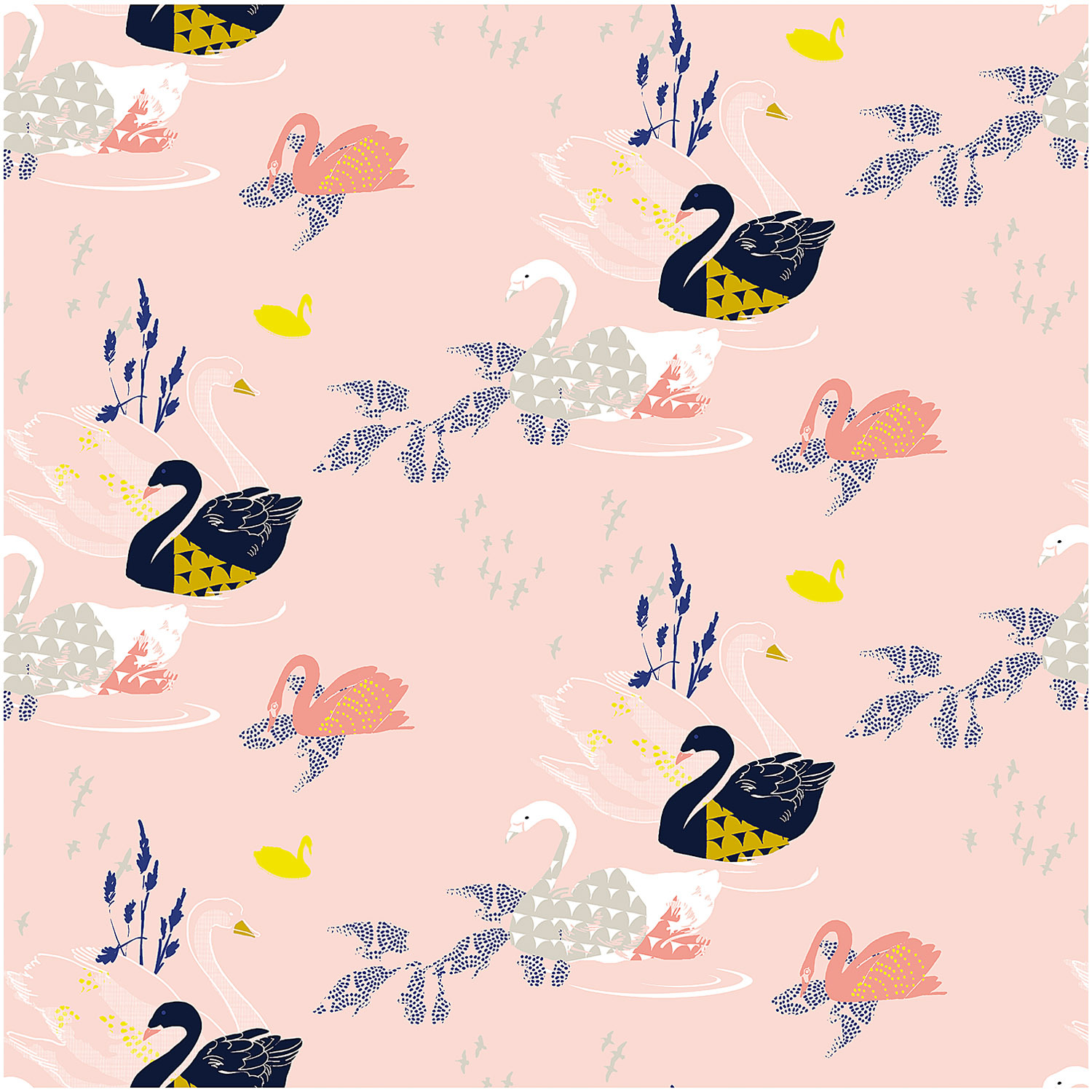 Druckstoff Okina Hana Schwan rosa-schwarz 140cm beschichtet zeigt elegante Schwäne auf rosa Hintergrund, entworfen von Rico Design.