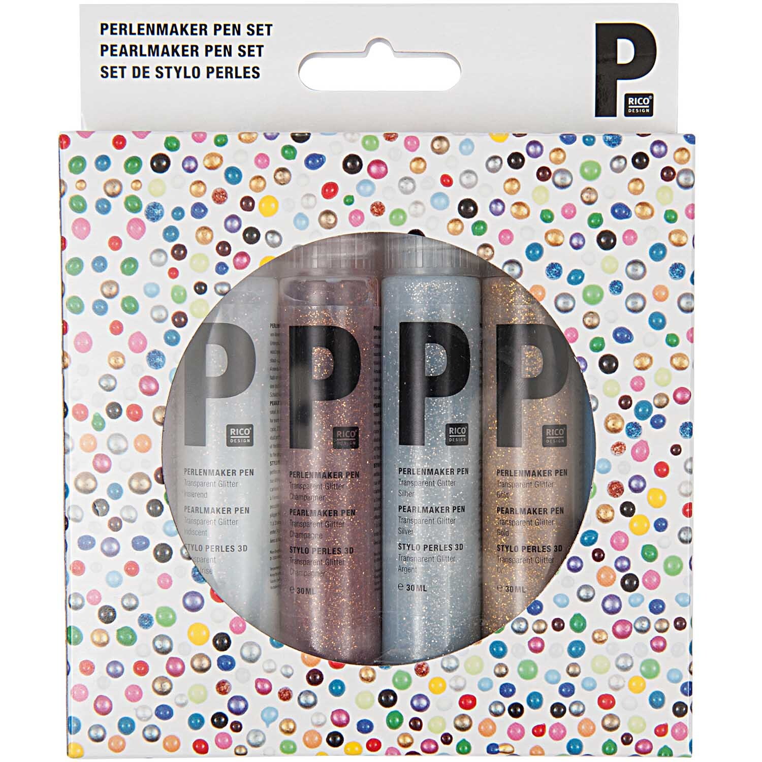 Perlenmaker Pen Set glitter 6x30ml von Rico Design in bunter Verpackung mit sechs Glitzerfarben. Ideal für kreative Bastelprojekte.