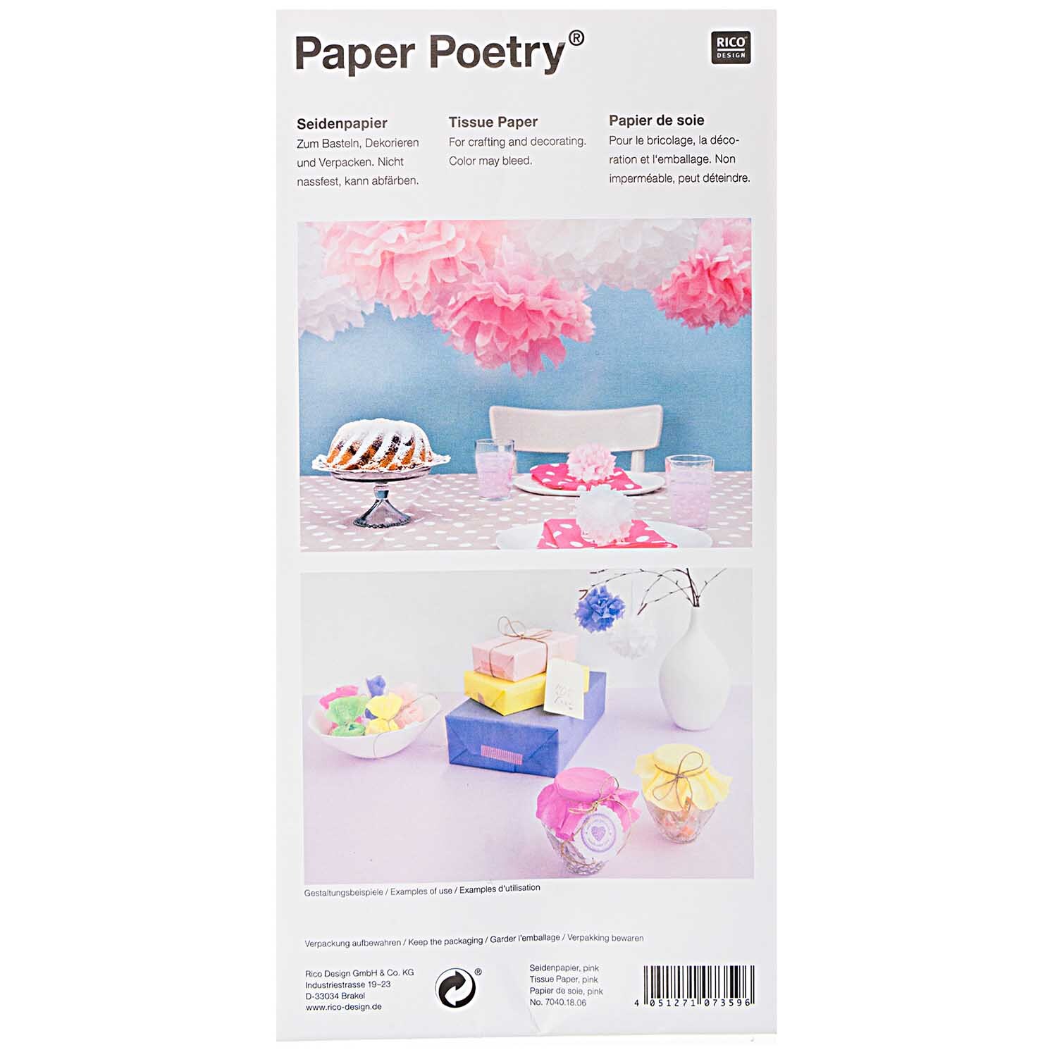 Seidenpapier 50x70cm 5 Bogen: Dekorative Tischszene mit bunten Papierblumen und Geschenkboxen.