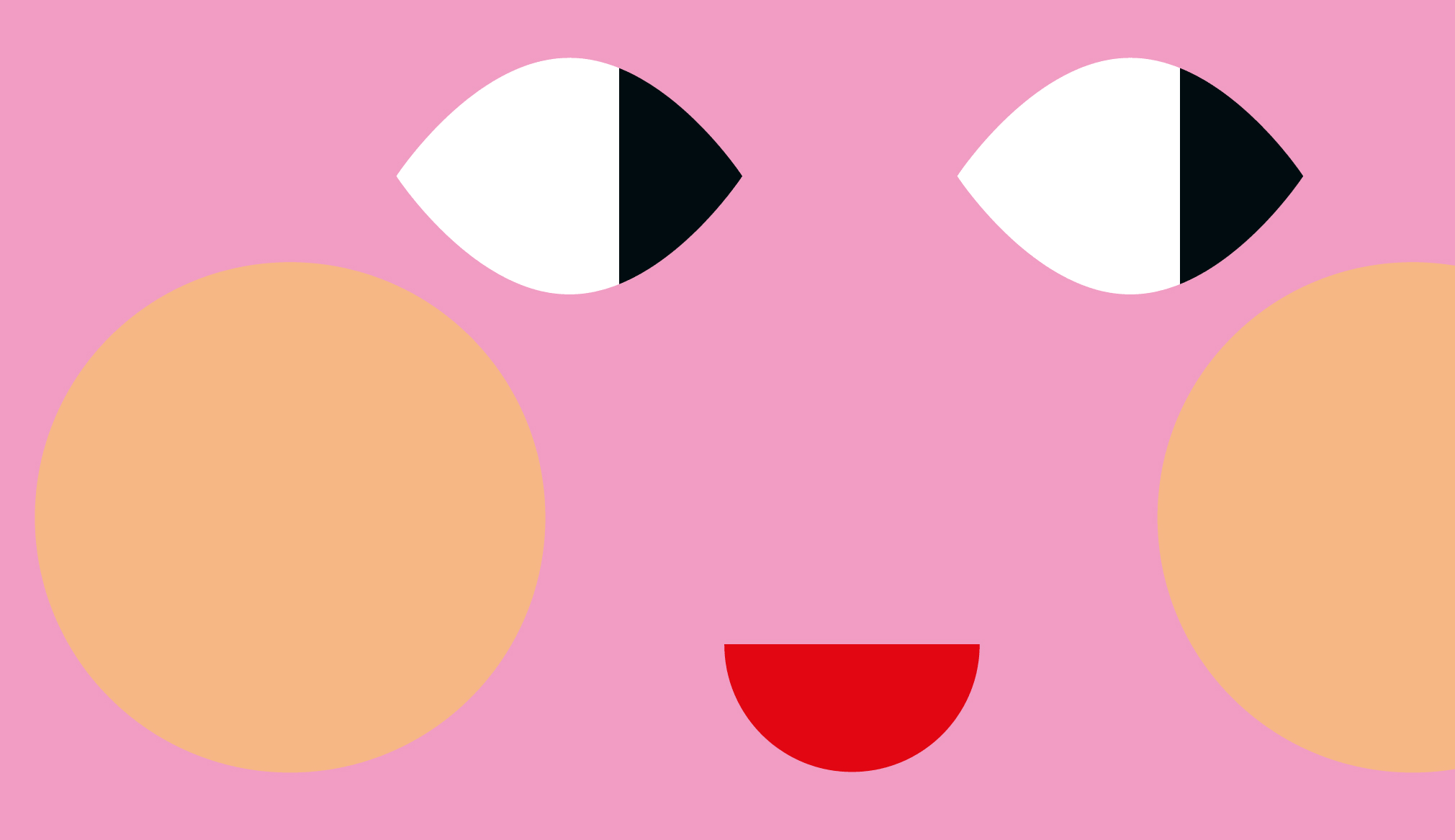 Gemaltes Gesicht, mit schwarz-weißen Augen, rotem Mund und großen runden orangenen Wangen, auf einem pinken Hintergrund.