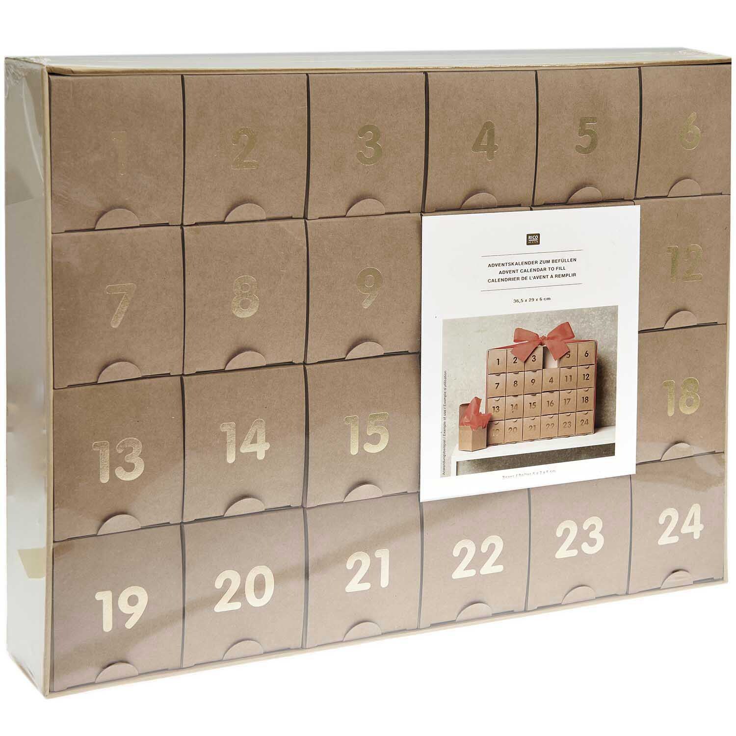 Adventskalender zum Befüllen aus Kraftpapier mit goldenen Zahlen, Marke Rico Design, 24 Fächer.