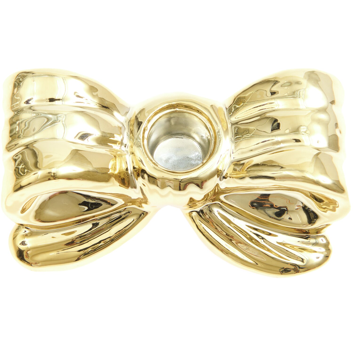 Porzellan Kerzenhalter Schleife in glänzendem Gold von Rico Design, ideal für elegante Dekorationen. Maße: 5x12,3x6,3cm.