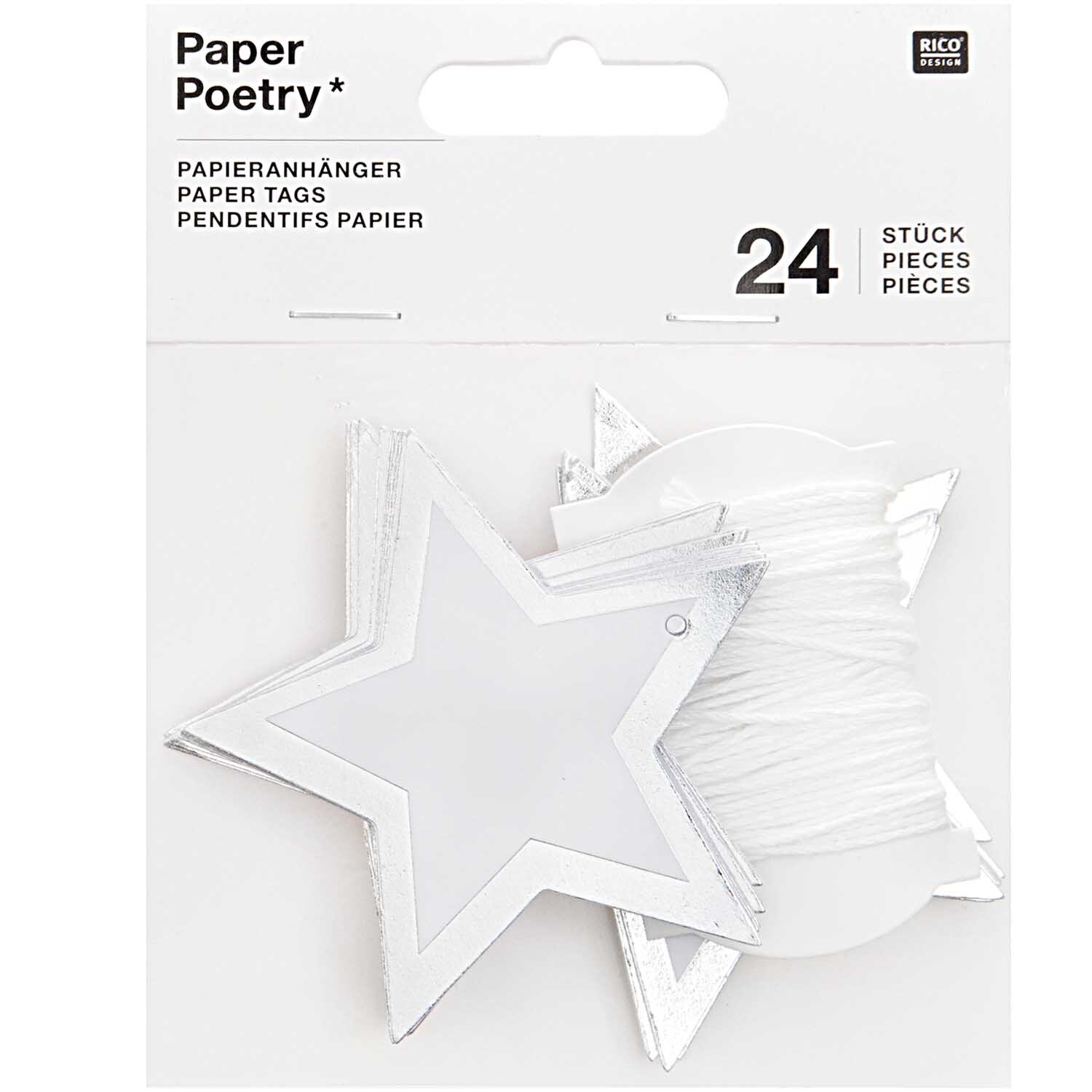 Paper Poetry Papieranhänger in Sternform, silberne Hot Foil, 24 Stück, ideal für Geschenke.