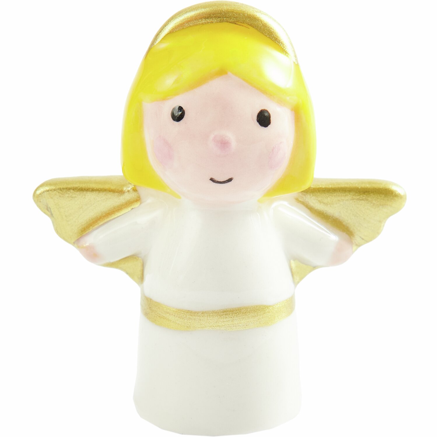 Porzellan Engel Weiß/Gold: Niedliche Figur mit goldenen Flügeln und blondem Haar, 4,6x4,1x2cm.
