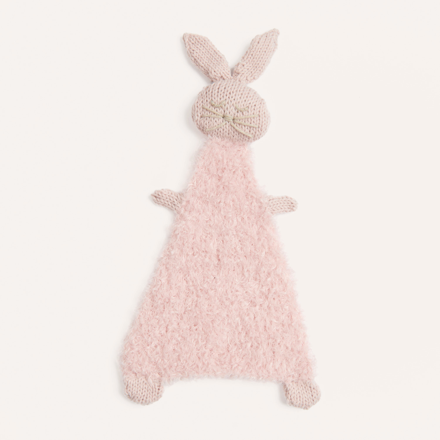 Strickset Schmusetuch Modell 19 zeigt ein rosa Häschen-Schmusetuch aus weichem Garn, ideal für Babys.
