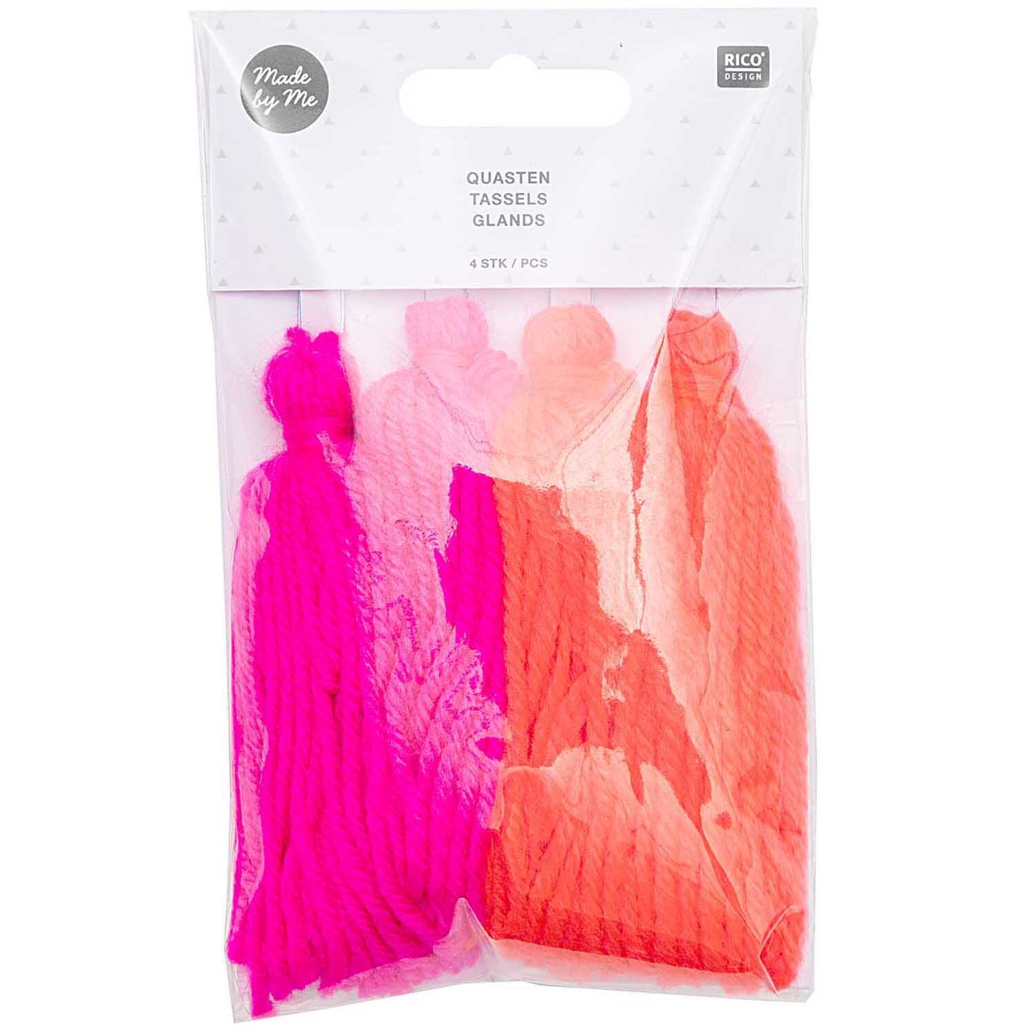 Quasten 9cm 4 Stück von Rico Design in leuchtenden Neonfarben, verpackt in einer transparenten Tüte.