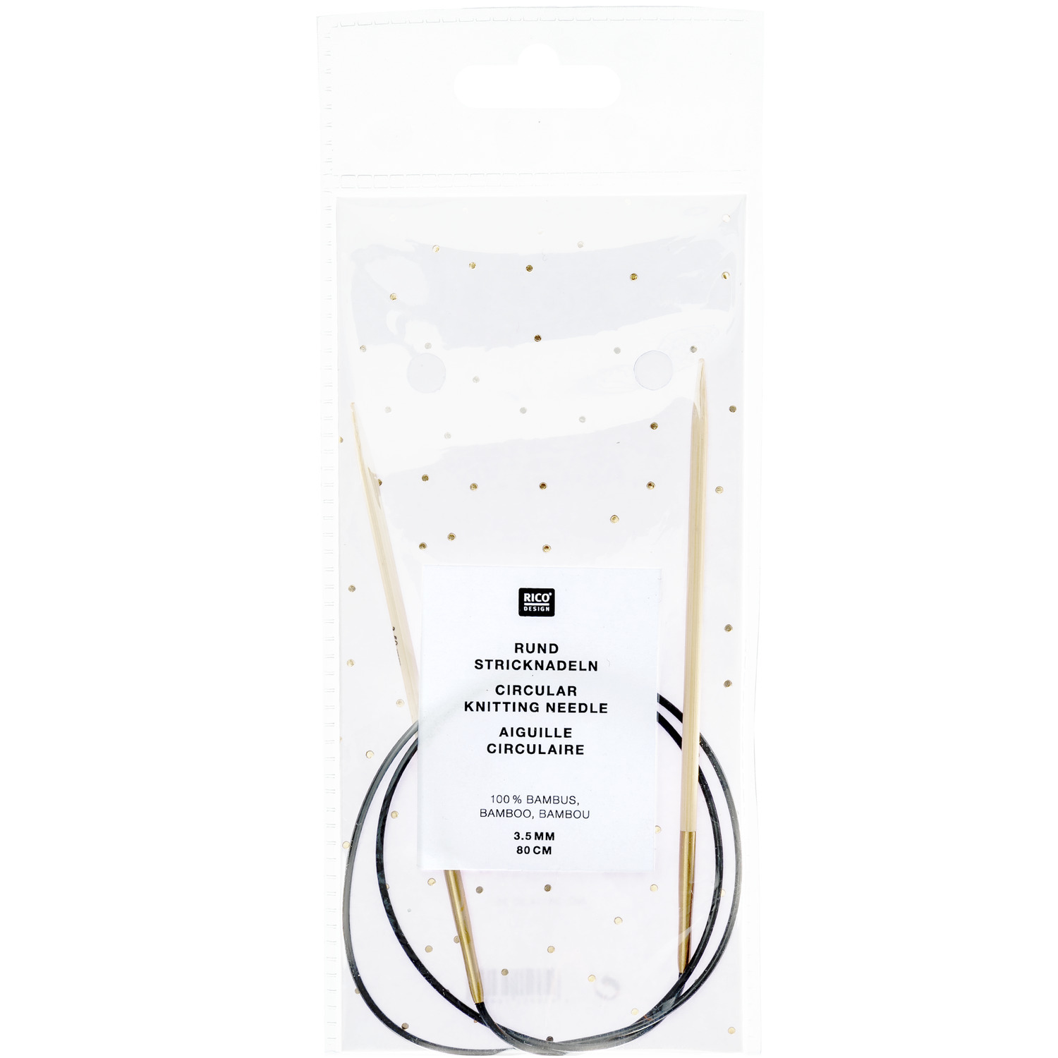 Rundstricknadel 80cm Bambus von Rico Design in Verpackung, ideal für Strickprojekte.