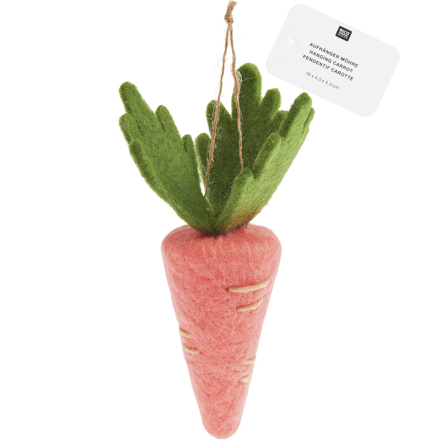Aufhänger Möhre Filz in Apricot von Rico Design, mit grünen Blättern, ideal für Dekorationen.