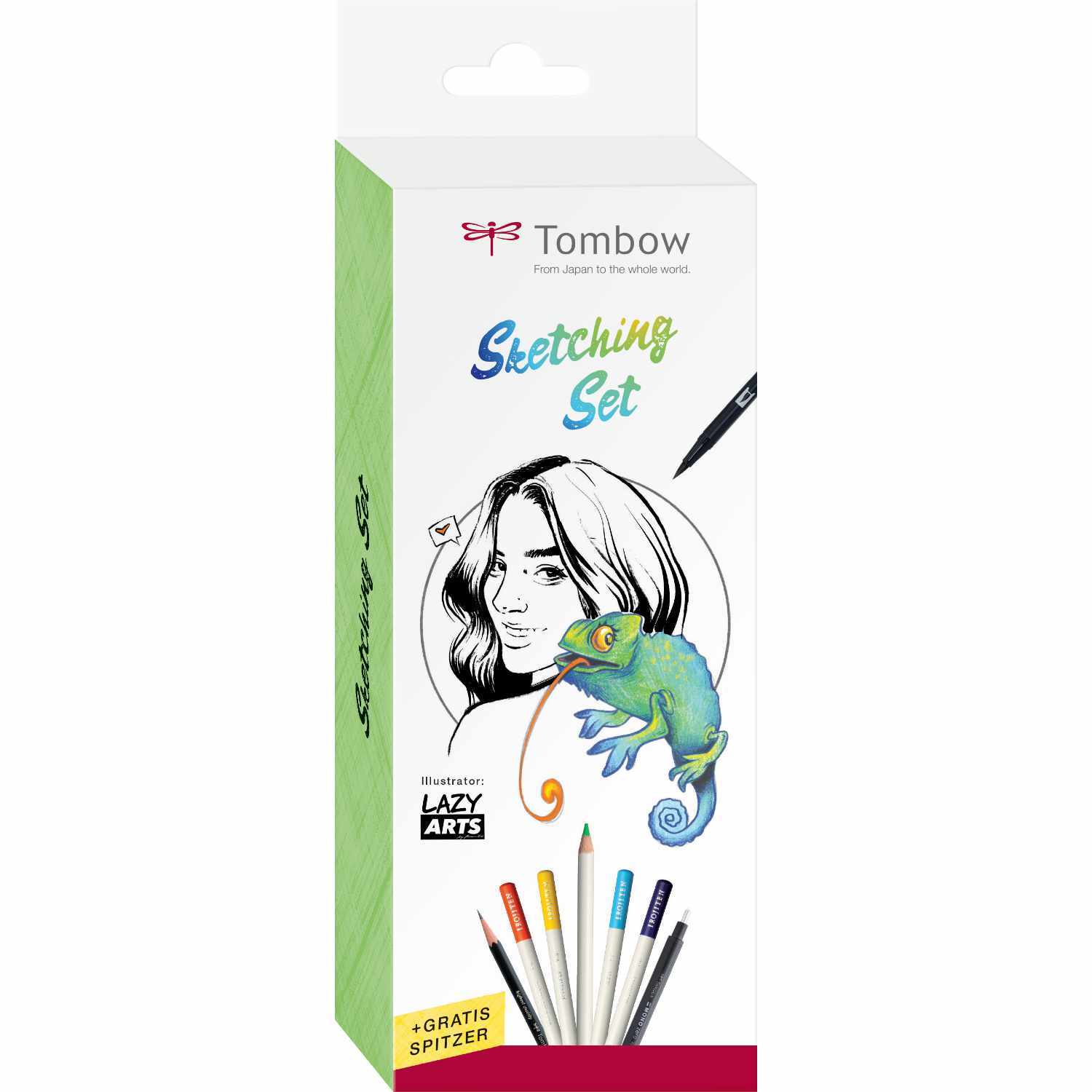 Sketching Set by Lazy Arts: Verpackung mit Bleistiften, Zeichnung einer Frau und einem Chamäleon, Marke Tombow.