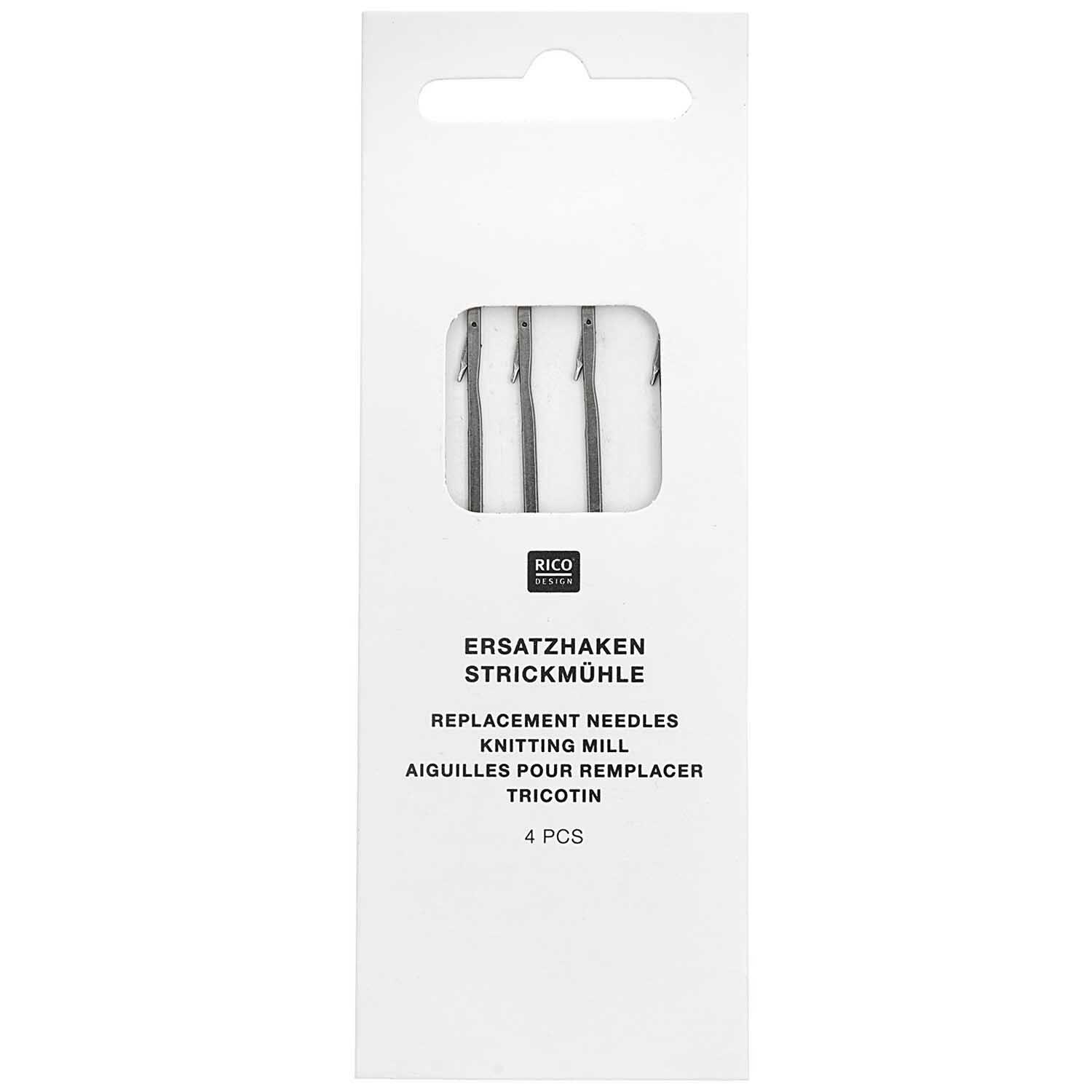 Ersatzhaken für die Strickmühle von Rico Design, 4 Stück in einer weißen Verpackung mit Sichtfenster.