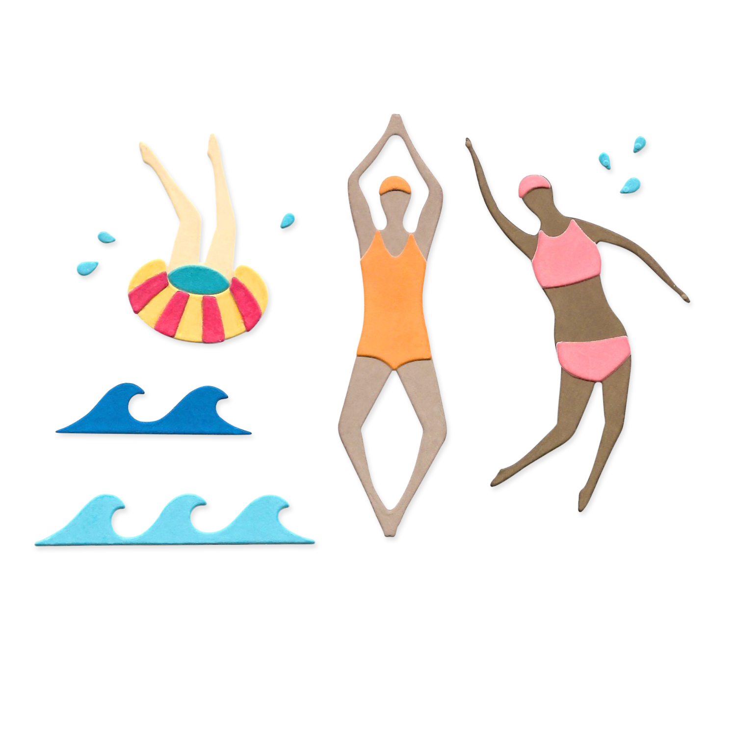 Thinlits Die Set Synchronized Swimmers zeigt bunte Schwimmerinnen und Wellen in verschiedenen Posen. Ideal für kreative Bastelprojekte.