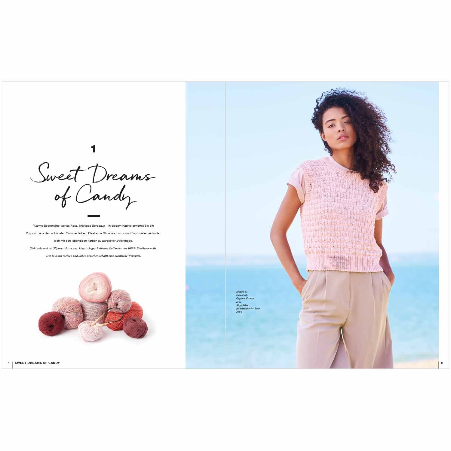 Lovewool Nr.16 Handstrickmagazin Frühjahr-Sommer zeigt eine Frau in rosa Strickoberteil am Strand.