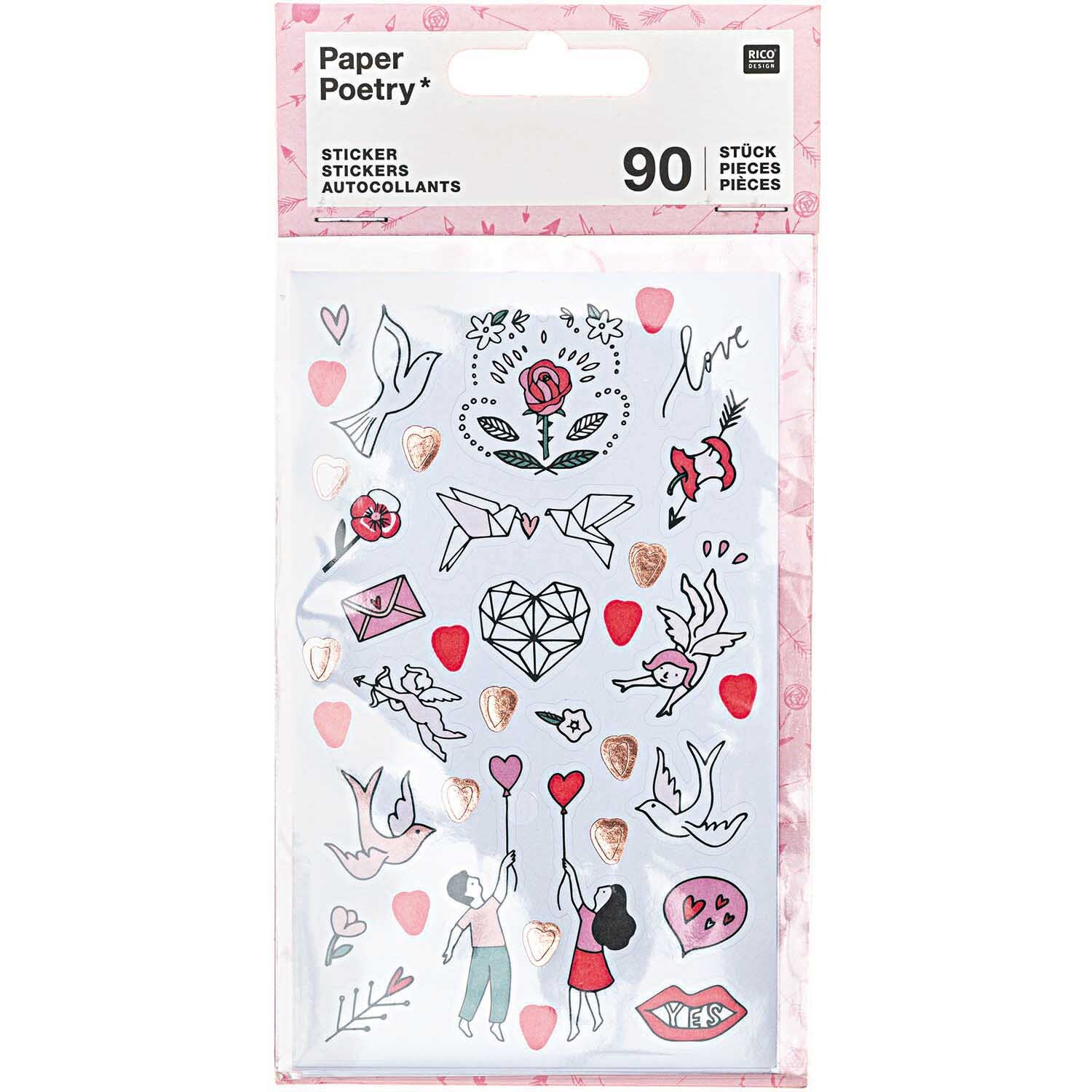 Paper Poetry Sticker It must be love 4 Blatt: Bunte Sticker mit Herzen, Tauben und Liebesmotiven von Rico Design.