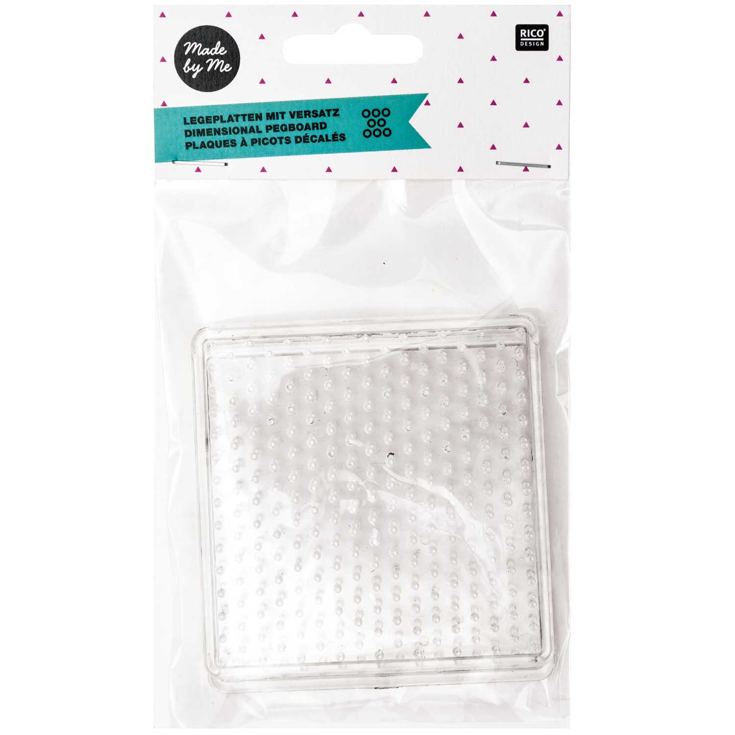 Bügelperlen Legeplatte 8x8cm, transparent, 2 Stück von Rico Design in Verpackung, ideal für kreative Bastelprojekte.