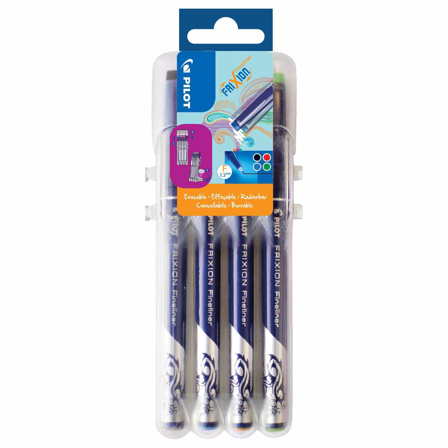 Frixion Fineliner Set2Go Klassik 4 Stück von PILOT in einer transparenten Verpackung mit vier Stiften. Ideal für präzises Schreiben und Zeichnen.