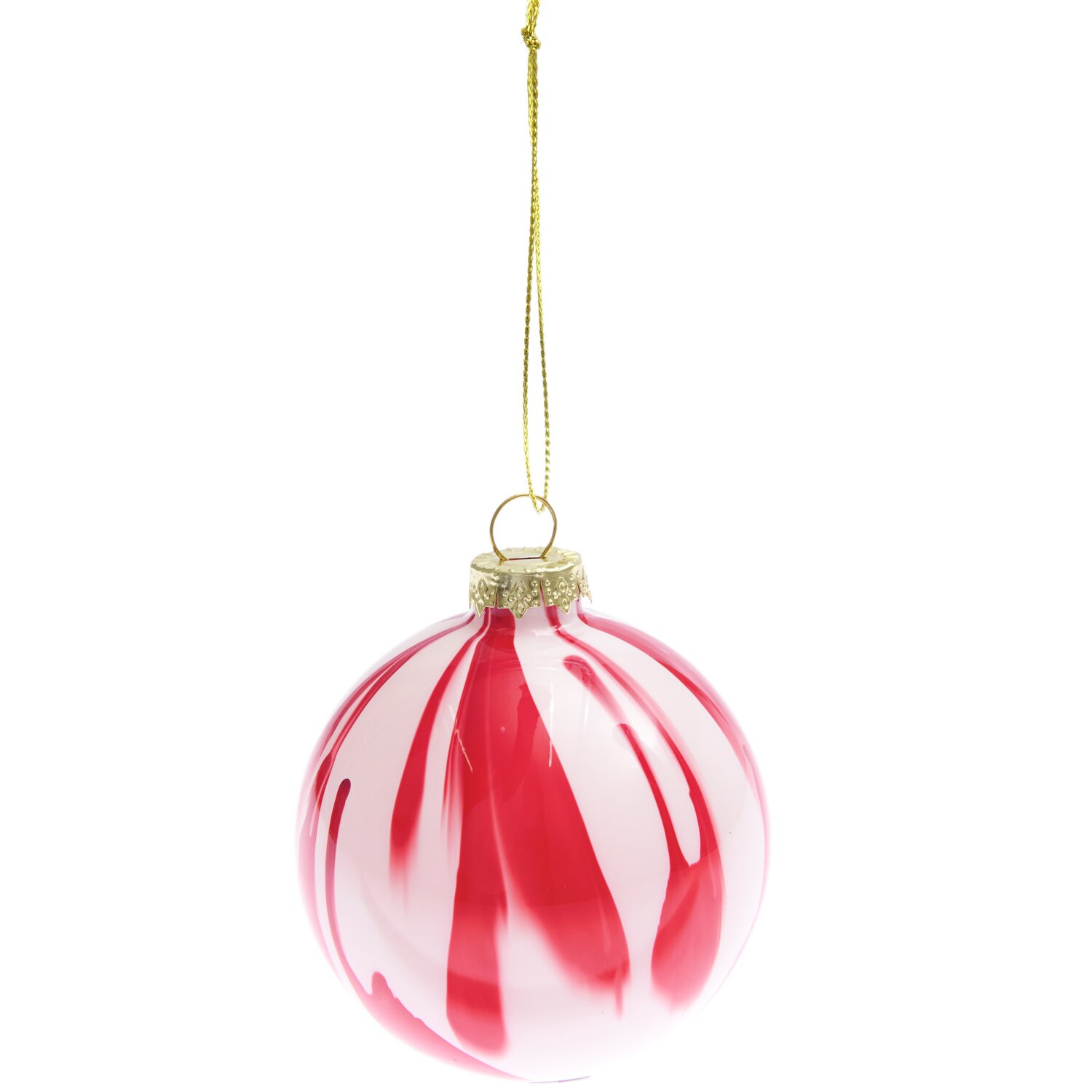 Glaskugel Weiß: Rot-weiß gestreifte Glaskugel von Rico Design, Ø8cm, an goldener Schnur hängend.