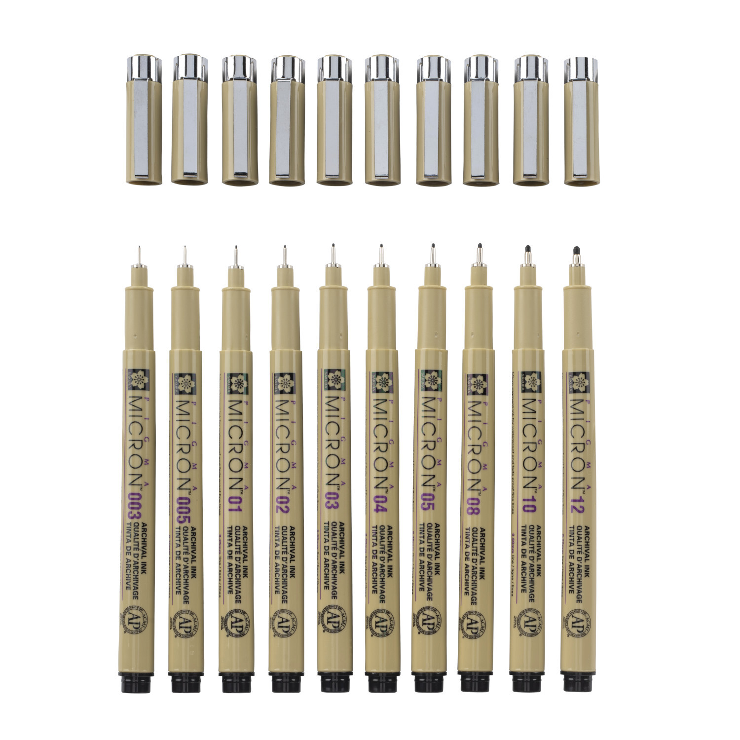 Pigment Liner Sakura Pigma Micron Fineliner Set mit 10 schwarzen Stiften und abnehmbaren Kappen, ideal für präzises Zeichnen und Skizzieren.