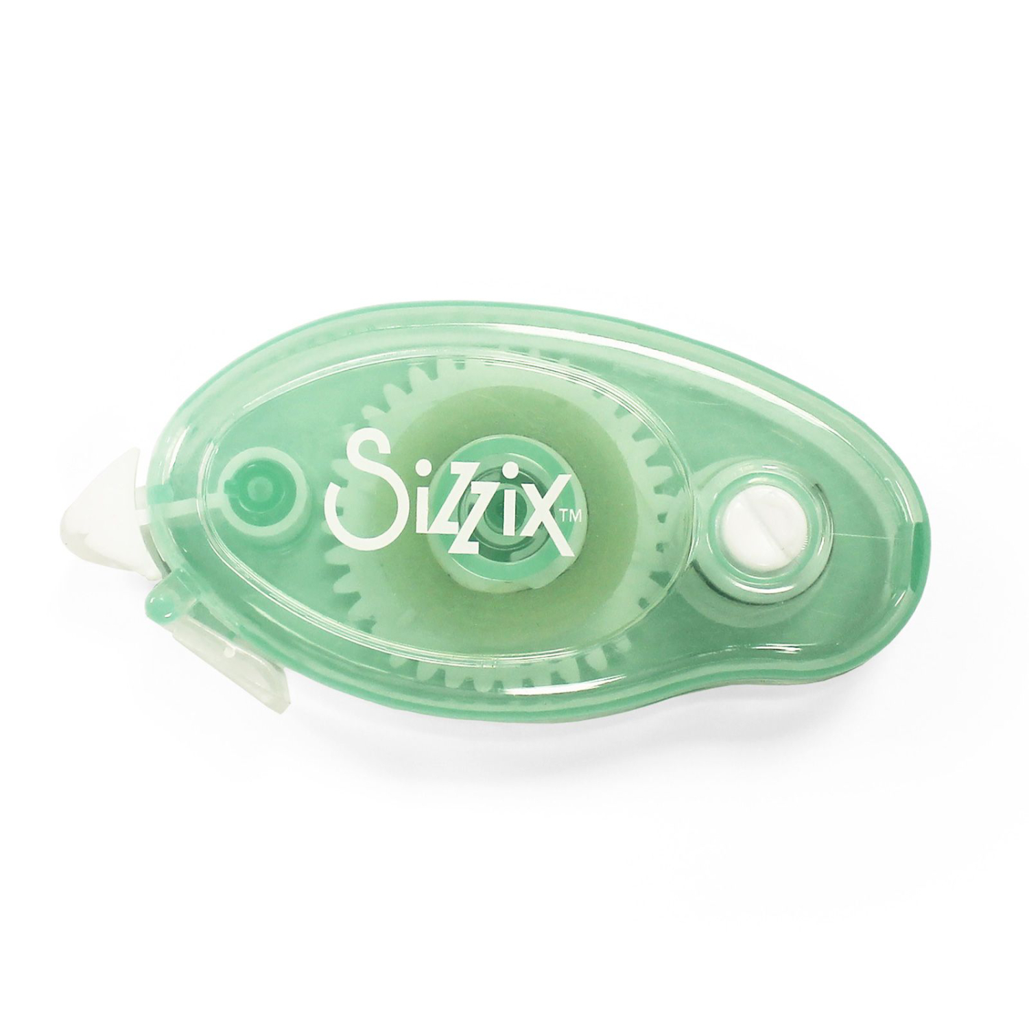 Grüner, transparenter Kleberoller von Sizzix, Modell "Making Essential Permanent Adhesive Roller". Zeigt die Vorderansicht des Produkts mit sichtbaren Zahnrädern und Markenlogo. Ideal für präzises Kleben.