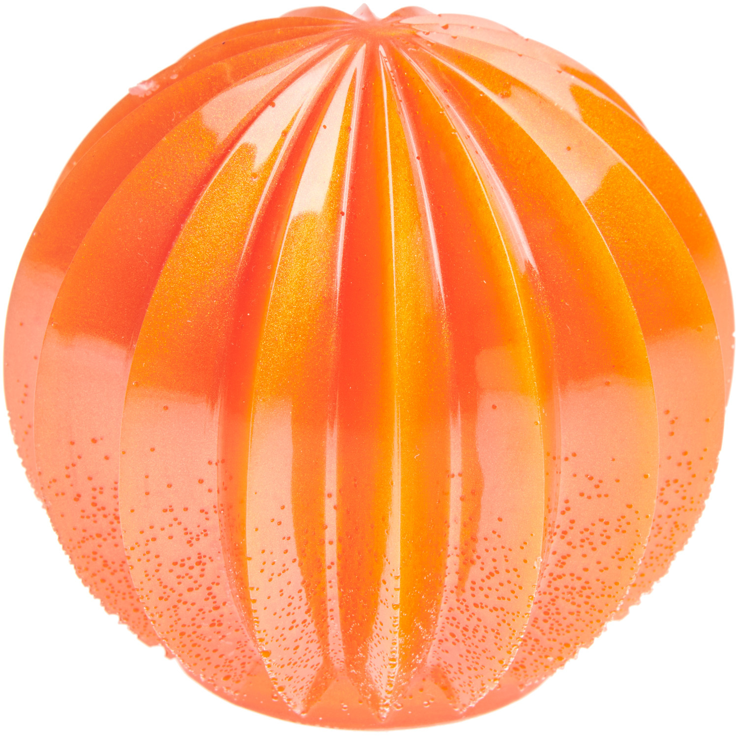 Silikon Gießform Kugel mit Streifen, Ø7,5x7cm, zeigt eine orangefarbene, gestreifte Kugel mit Perl-Effekt. Ideal für kreative Resin-Projekte.