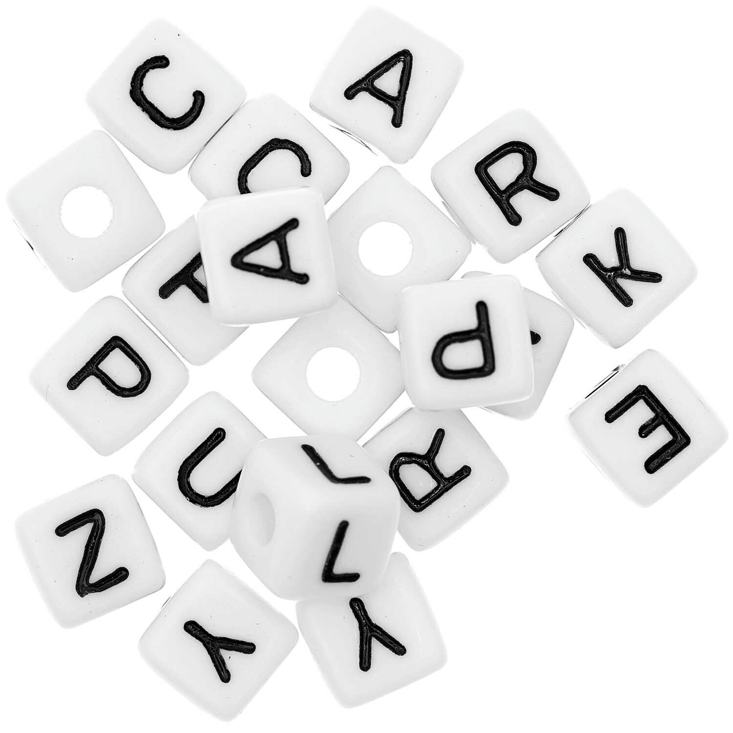 Itoshii - Ponii Beads Würfelperlen Set mit schwarzen Buchstaben auf weißen Perlen, 20 Stück. Ideal für kreative Bastelprojekte.