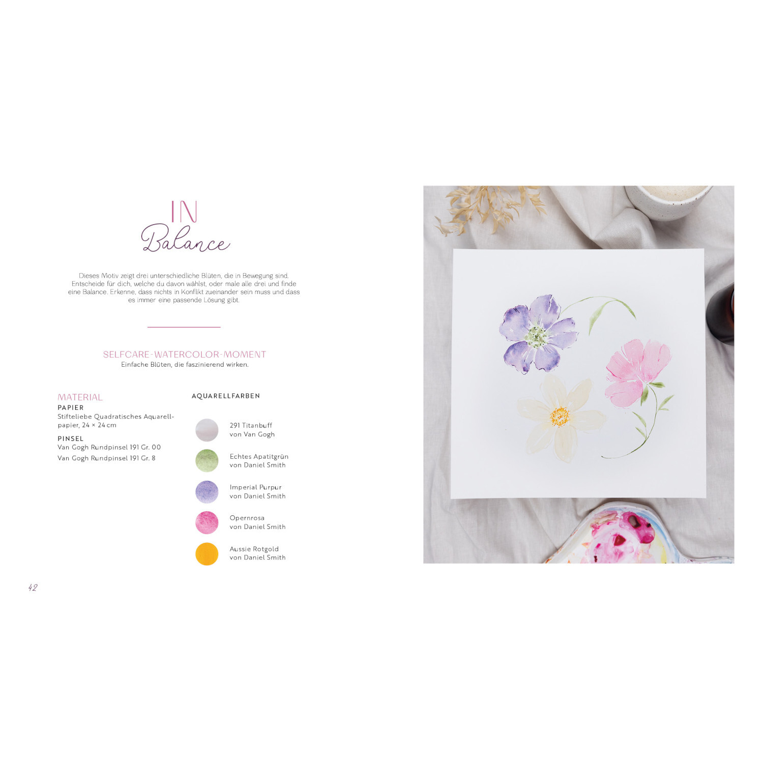 Selfcare Watercolor – Kreative Momente für mich: Aquarellblumen auf weißem Papier, sanfte Pastelltöne, EMF.