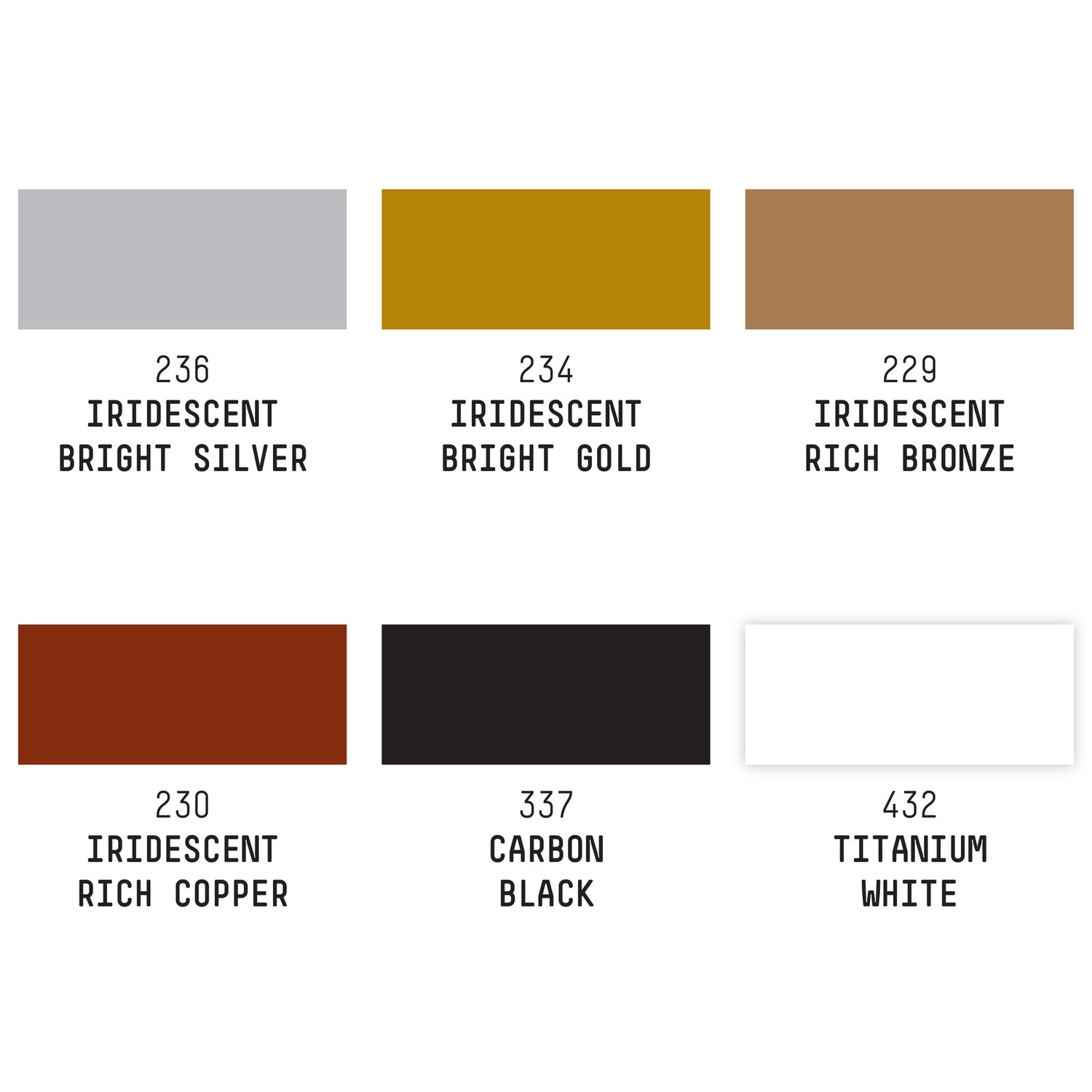 Ink flüssige Acrylfarbe Set Metallic 6x30ml zeigt sechs Farben: Silber, Gold, Bronze, Kupfer, Schwarz und Weiß. Ideal für kreative Projekte.