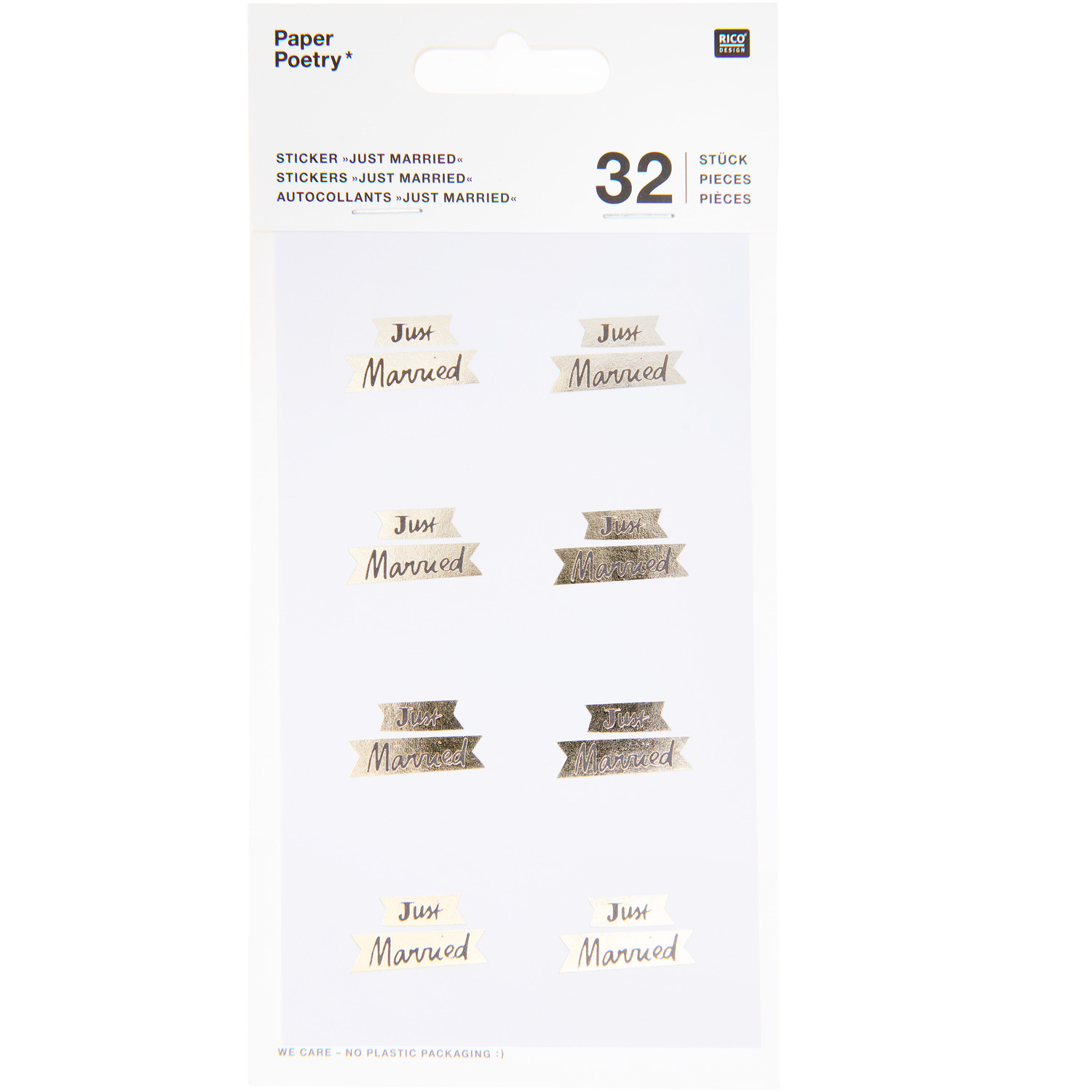 Paper Poetry Sticker Just Married in Gold von Rico Design, 32 Stück auf 4 Blättern, elegant verpackt.