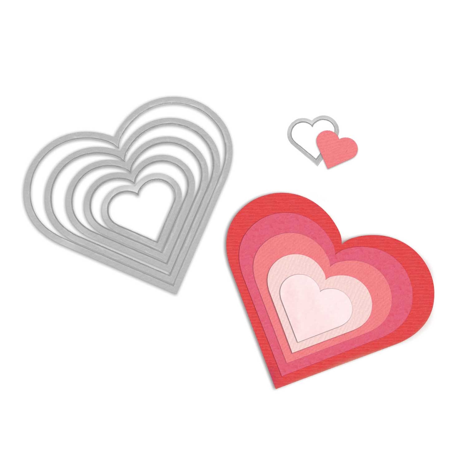 Framelits Die Set Hearts von Sizzix zeigt ineinander passende Herzformen in Rot- und Rosatönen. Ideal für kreative Bastelprojekte.