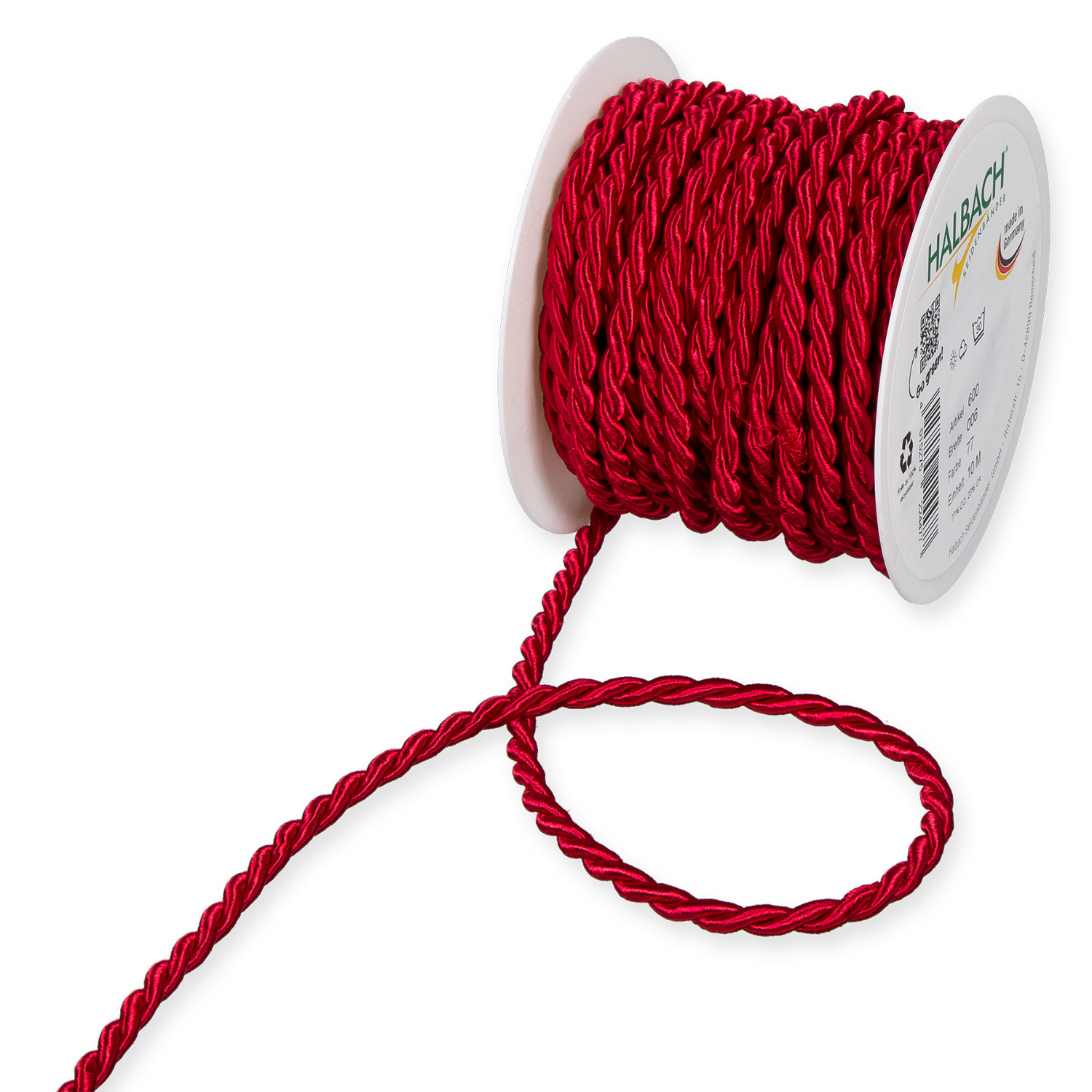 Kordel 6mm 4m: Rote, gedrehte Kordel auf einer Spule von Halbach, ideal für Dekorationen.