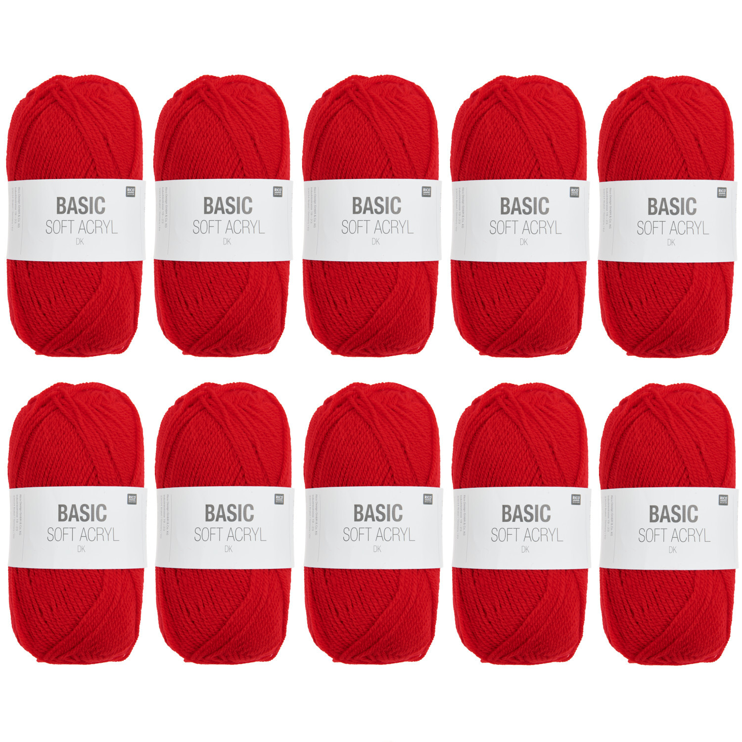Wollpaket Basic Soft Acryl von Rico Design in leuchtendem Rot, bestehend aus zehn Knäueln à 50g. Ideal für Strickprojekte.