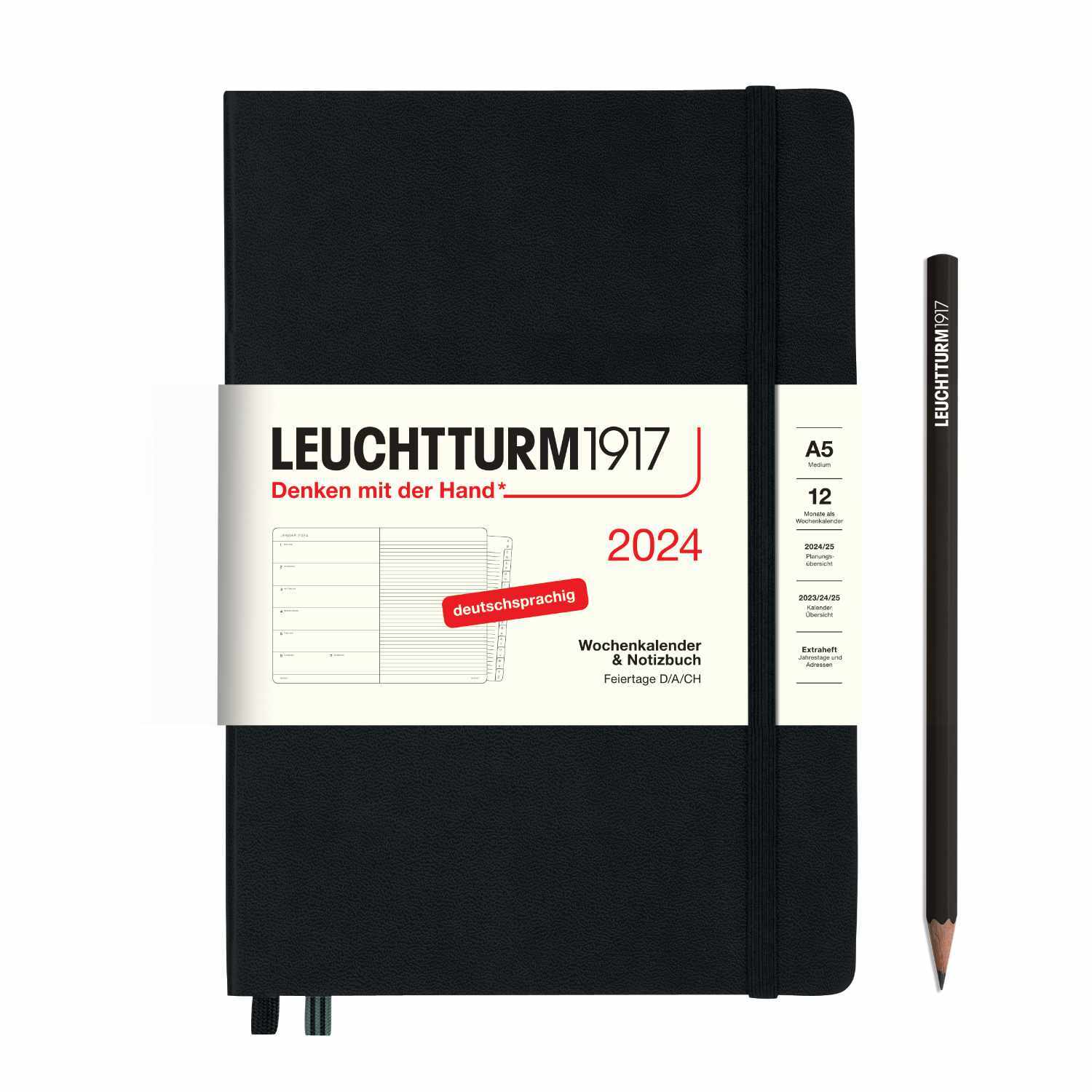 Notizbuch Medium liniert Hardcover A5 mit schwarzem Einband und Bleistift von LEUCHTTURM1917. Ideal für Notizen und Planungen.