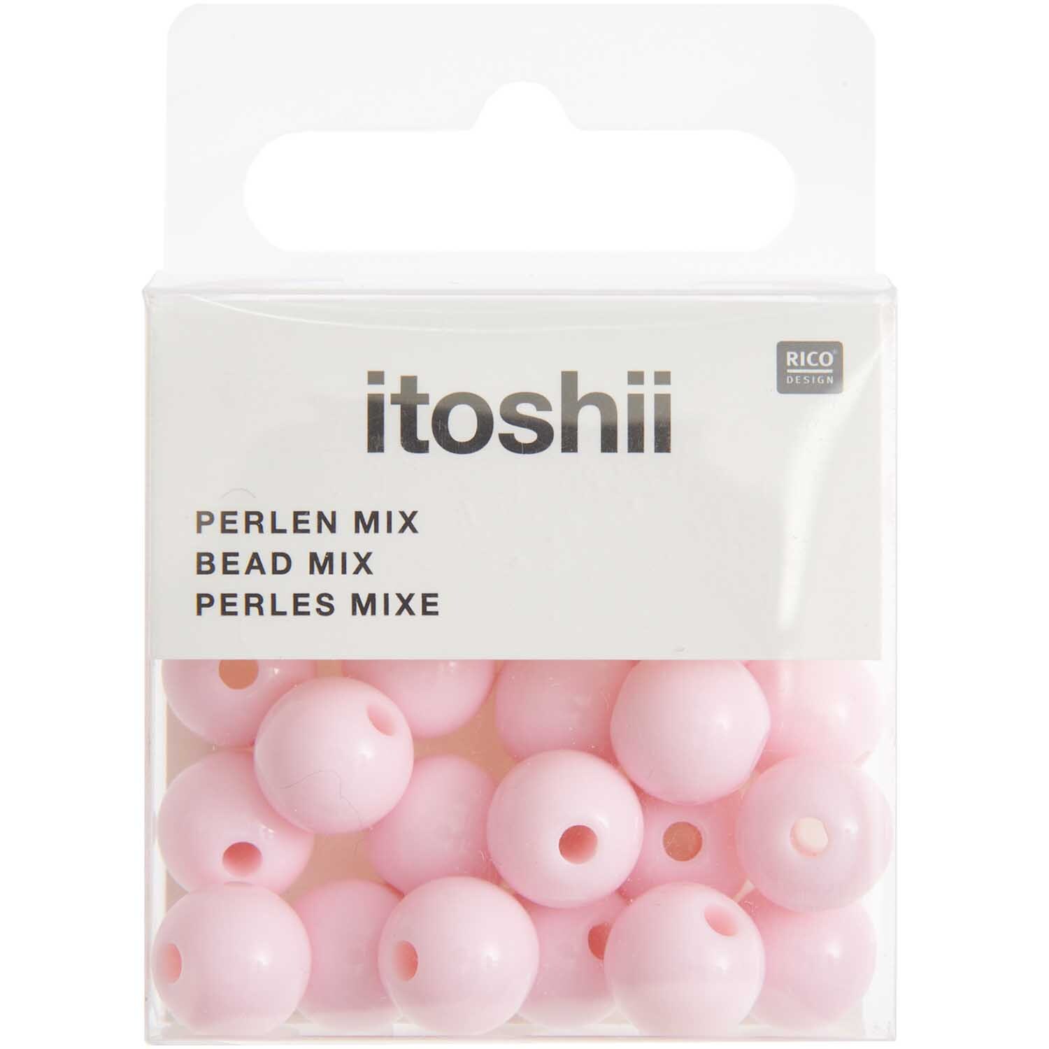 Itoshii Kunststoffperlen 10mm, 24 Stück in Rosa von Rico Design, präsentiert in einer transparenten Verpackung. Ideal für kreative Bastelprojekte.