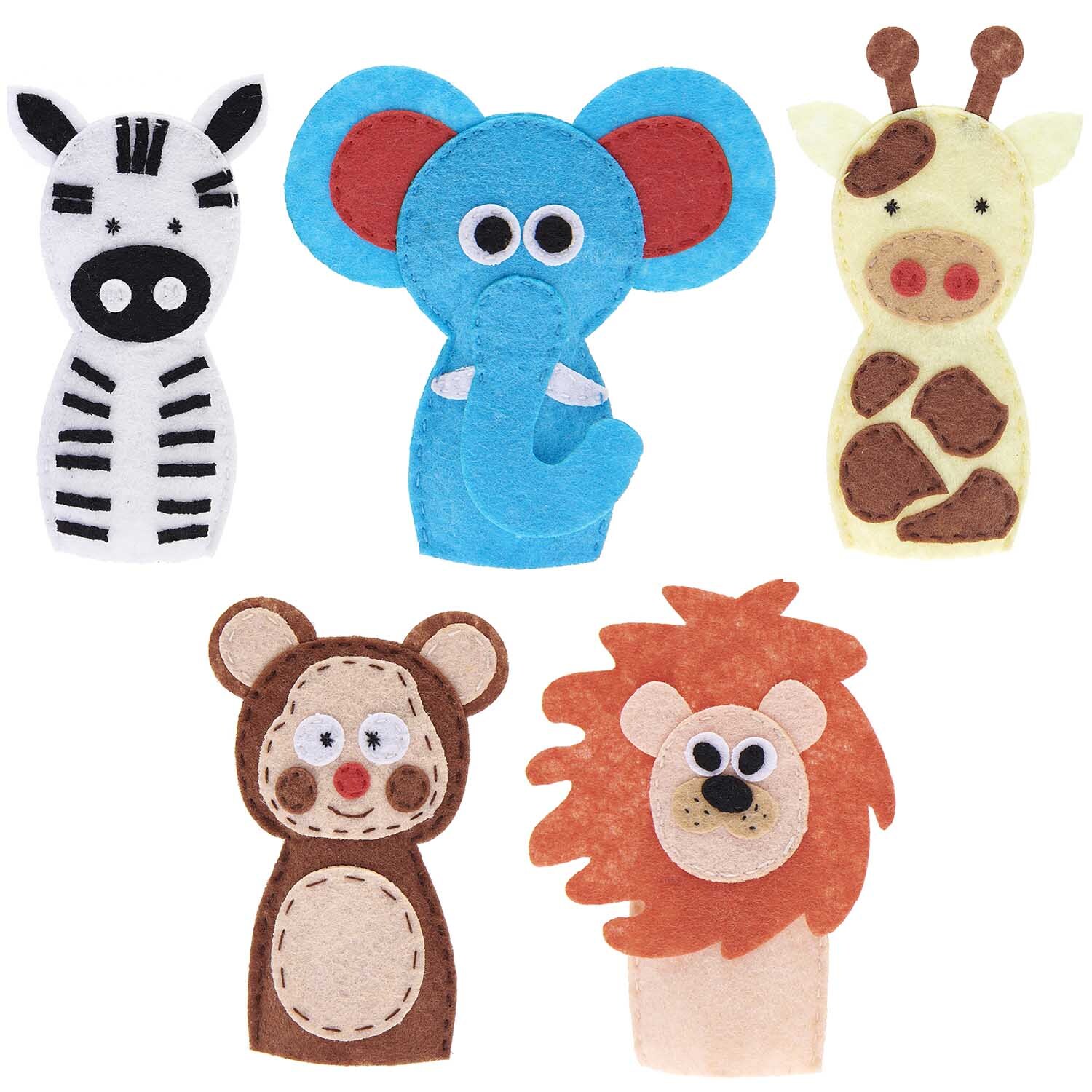 Bastelset Filz Fingerpuppen Wilde Tiere: Fünf bunte Tierpuppen aus Filz von Rico Design, darunter Zebra, Elefant, Giraffe, Affe und Löwe.