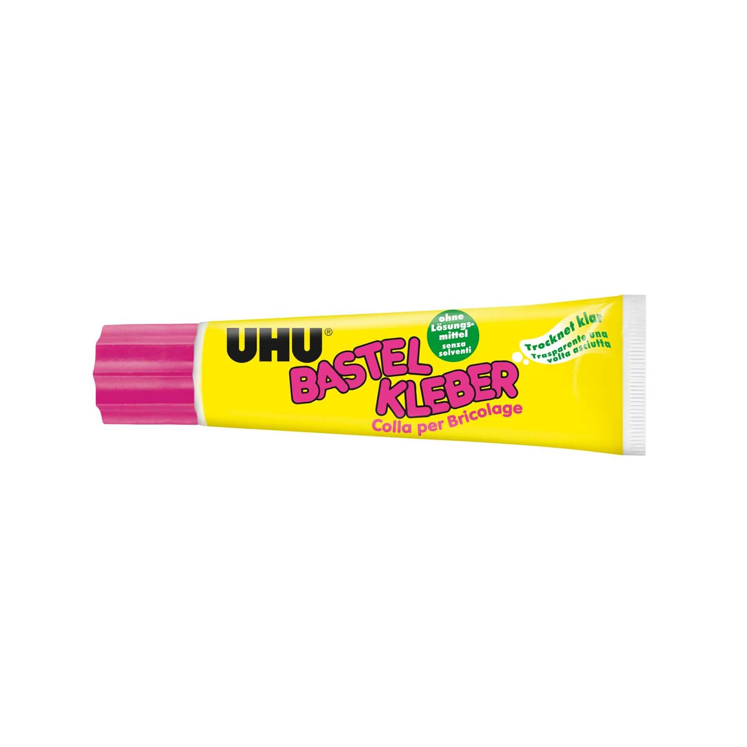 Bastelkleber ohne Lösungsmittel 90g von UHU in gelber Tube mit pinkem Verschluss, ideal für kreative Projekte.