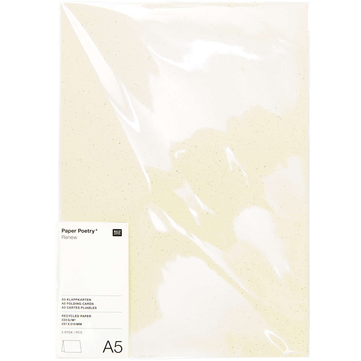 Paper Poetry Renew Karten A5, 5 Stück, elfenbeinfarben, von Rico Design, in transparenter Verpackung. Ideal für kreative Projekte und Bastelarbeiten.