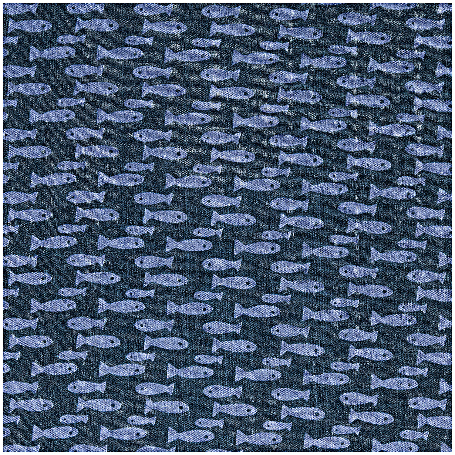 Musselin-Druckstoff Mermaid Fische zeigt ein Muster aus blauen Fischen auf dunkelblauem Hintergrund von Rico Design.