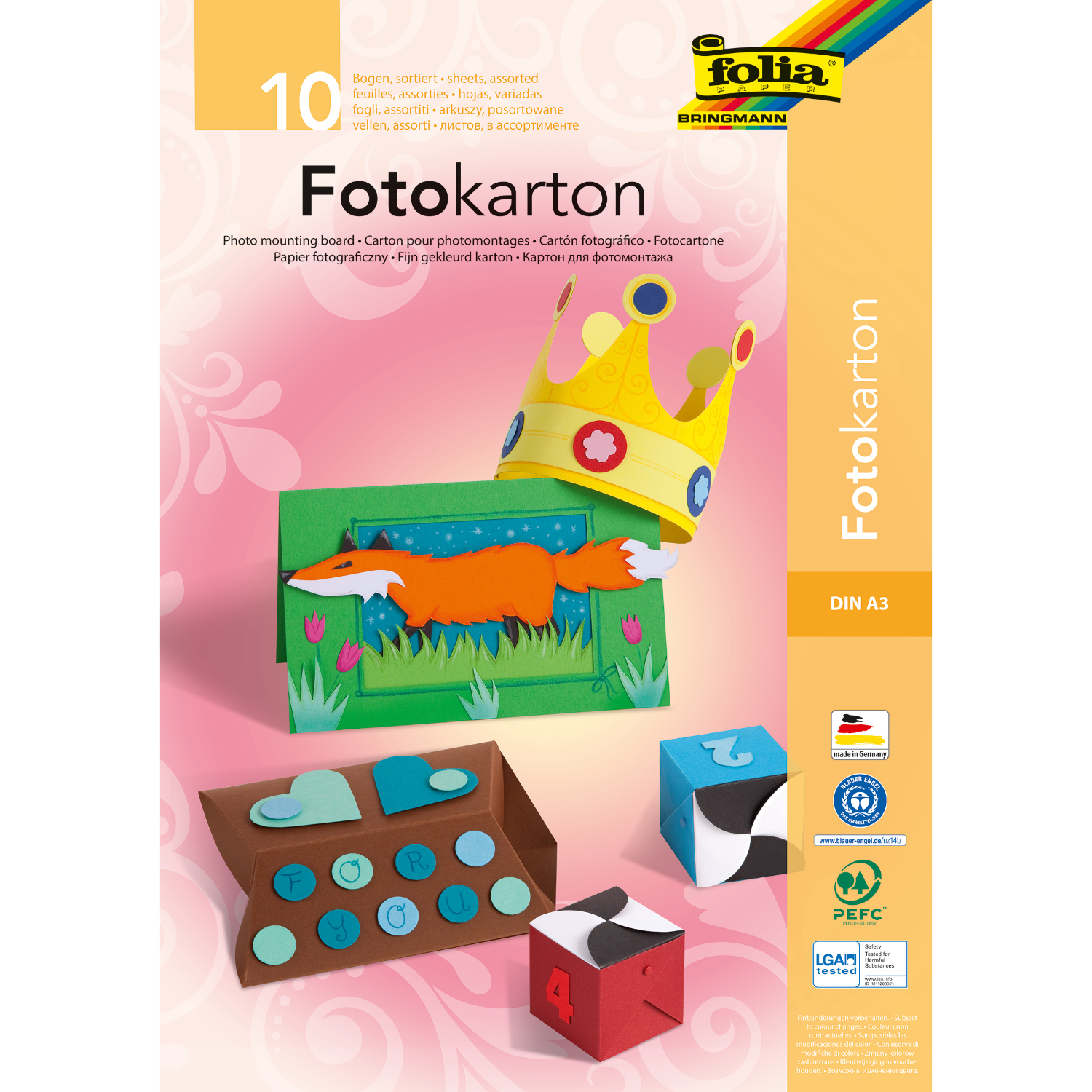 Folia Fotokartonblock, DIN A3, 300g/m², 10 Blatt. Bunte Bastelideen auf rosa Hintergrund.