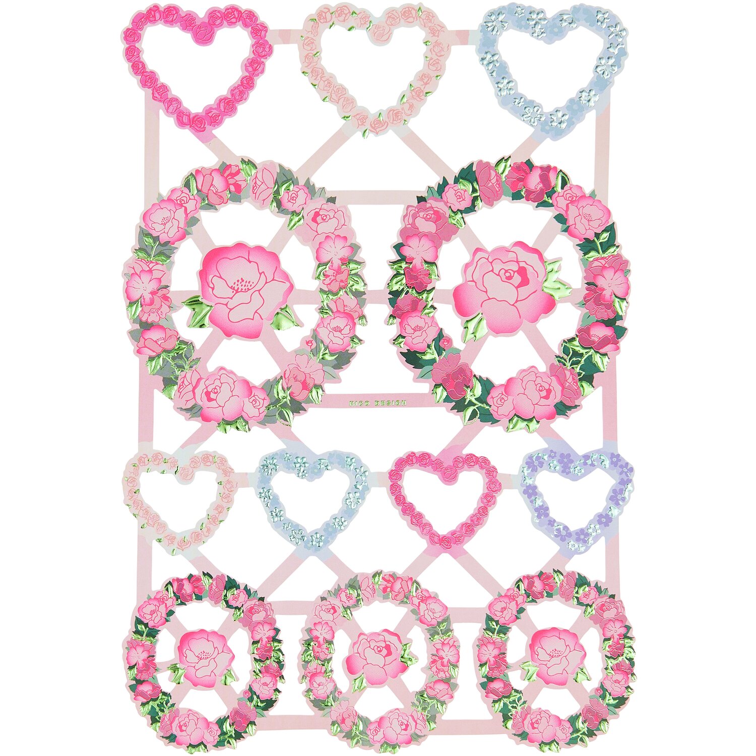 Paper Poetry Glanzbilder Frames mit floralen Kränzen und Herzen in Rosa und Blau von Rico Design.