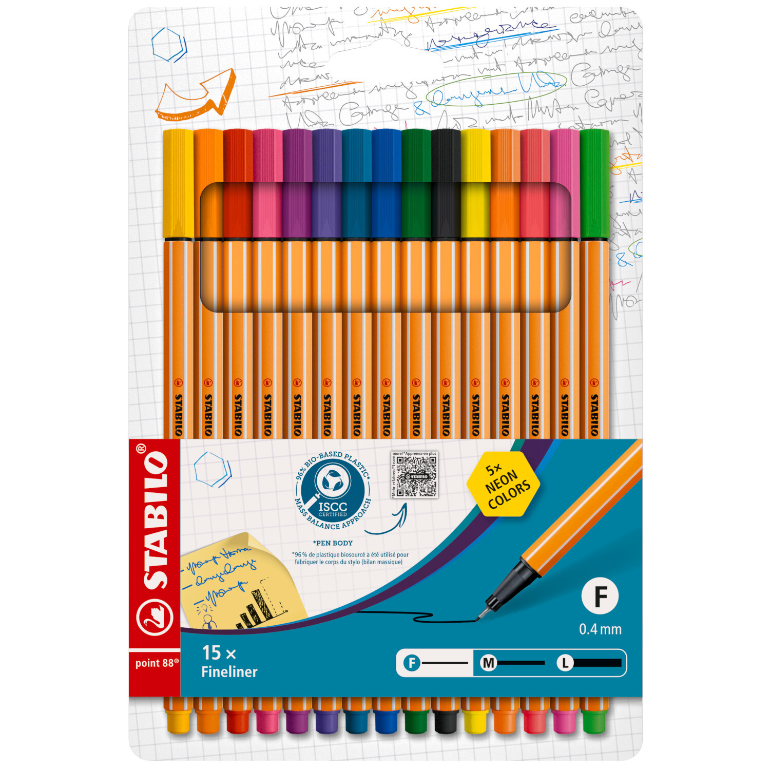 Point 88 Fineliner Set, 15-teilig, von STABILO. Enthält bunte Stifte in einer transparenten Verpackung. Ideal für präzises Zeichnen und Schreiben.