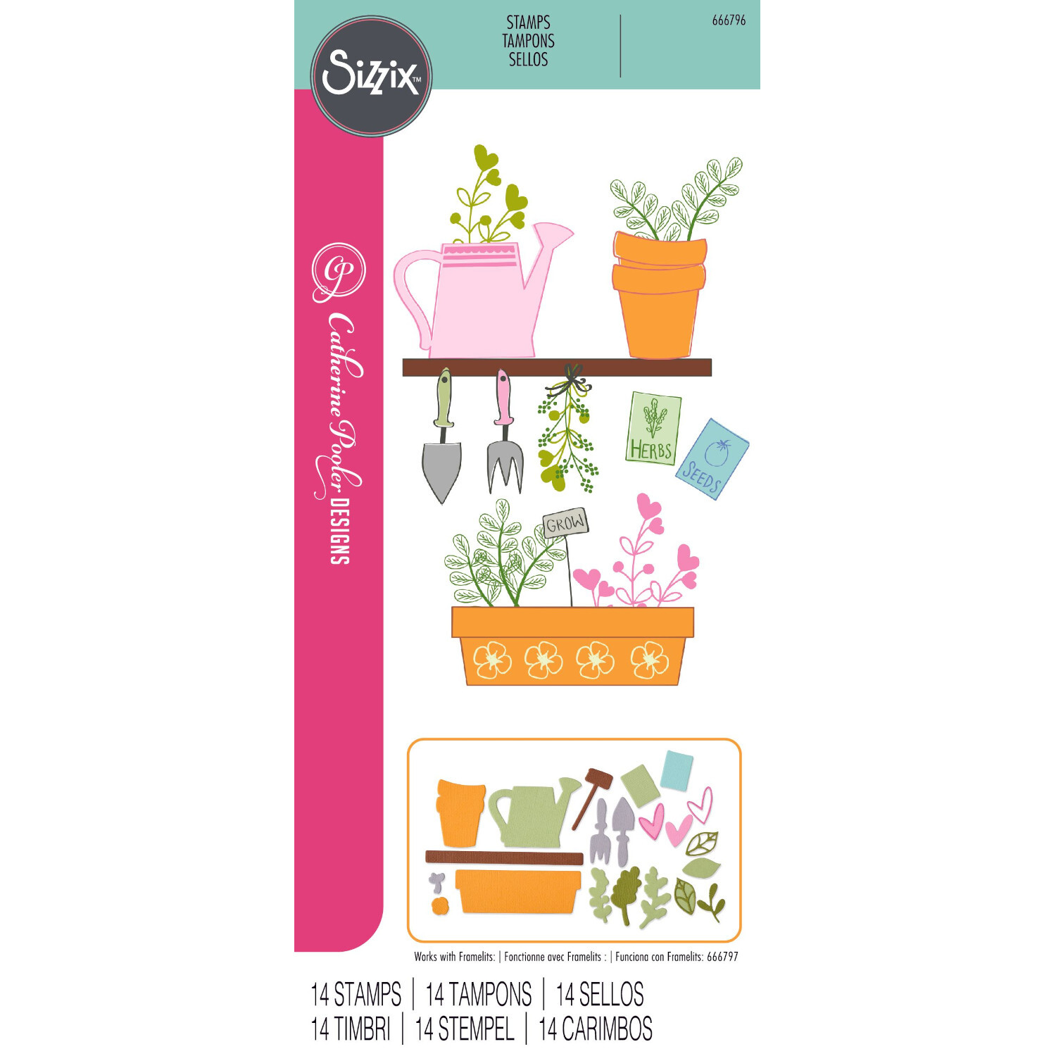 Klarsichtstempel-Set "Greenhouse Finds" mit 14 Teilen, zeigt Gartenmotive wie Gießkanne und Blumentöpfe. Ideal für kreative Projekte.