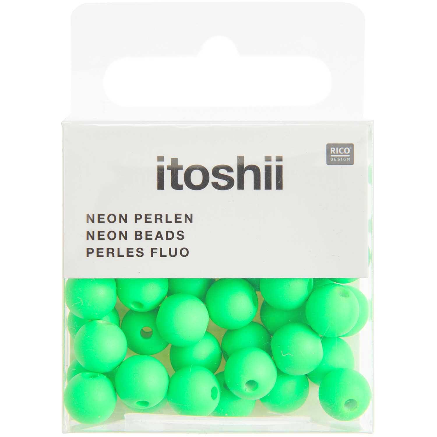 Itoshii Kunststoffperlen neon 8mm, 40 Stück in leuchtendem Grün, verpackt in einer transparenten Box von Rico Design.
