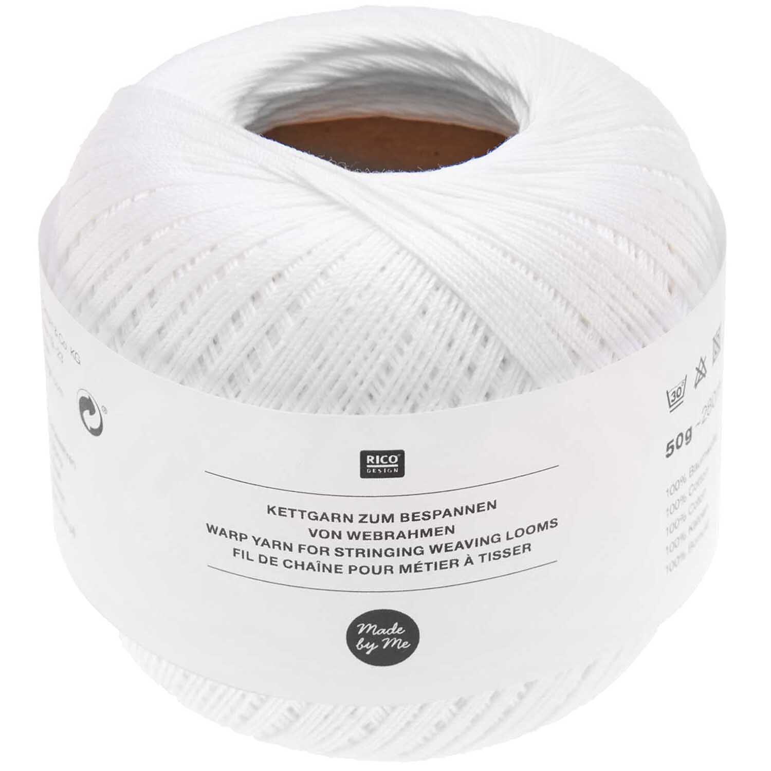 Kettgarn weiß 50g von Rico Design, ideal zum Bespannen von Webrahmen, in strahlendem Weiß.