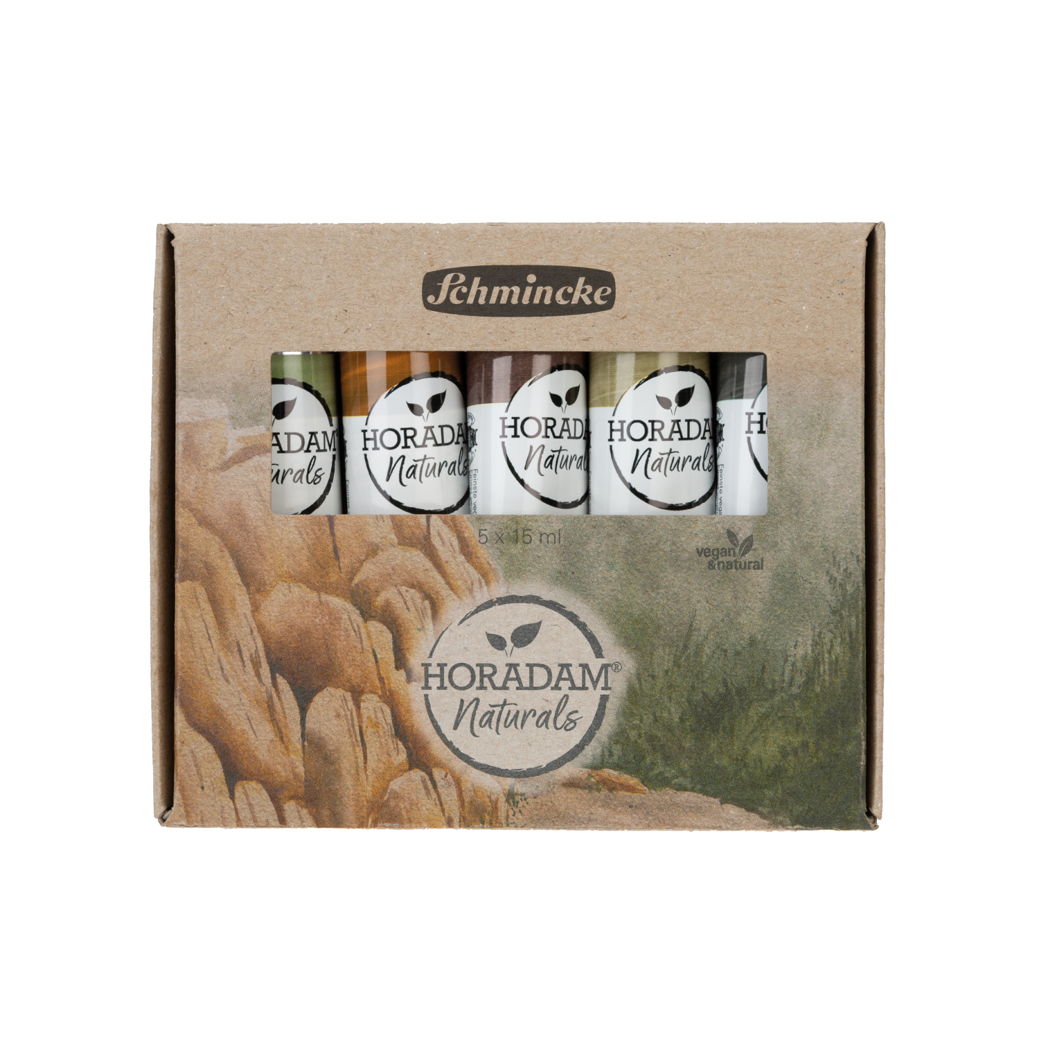 Horadam Naturals Set "mineralische Pigmente" von Schmincke, 5x15ml Farbtuben in einer dekorativen Verpackung mit Naturmotiv.