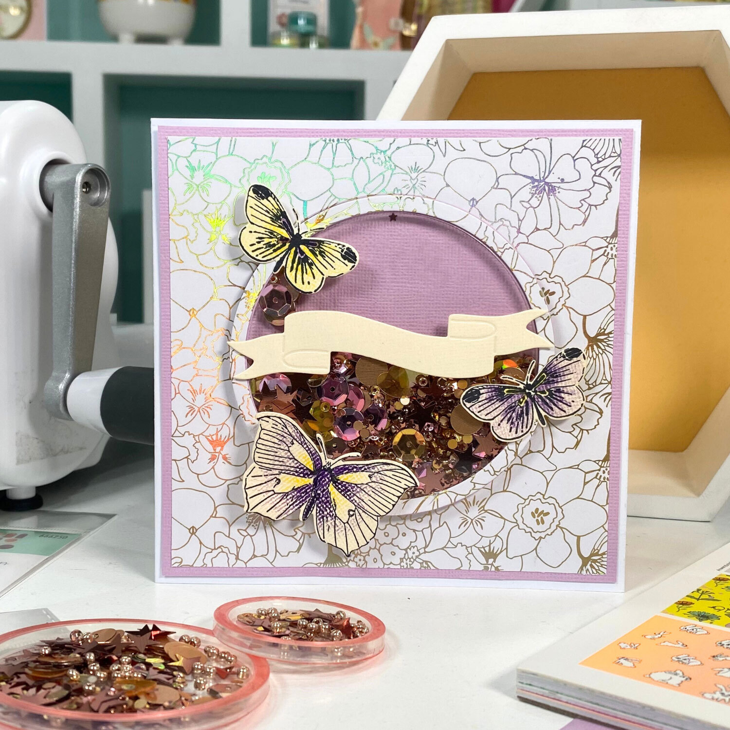 Bastelanleitung Schüttelkarte mit Schmetterlingen und floralen Mustern, gestaltet mit Sizzix.