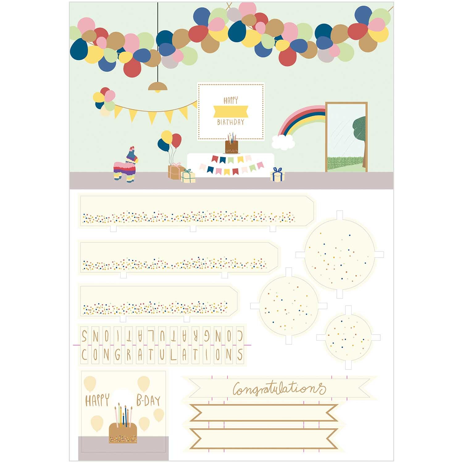 Figurico Papierkulissen Block DIN A4 mit bunten Partydekorationen und Geburtstagsmotiven von Rico Design.