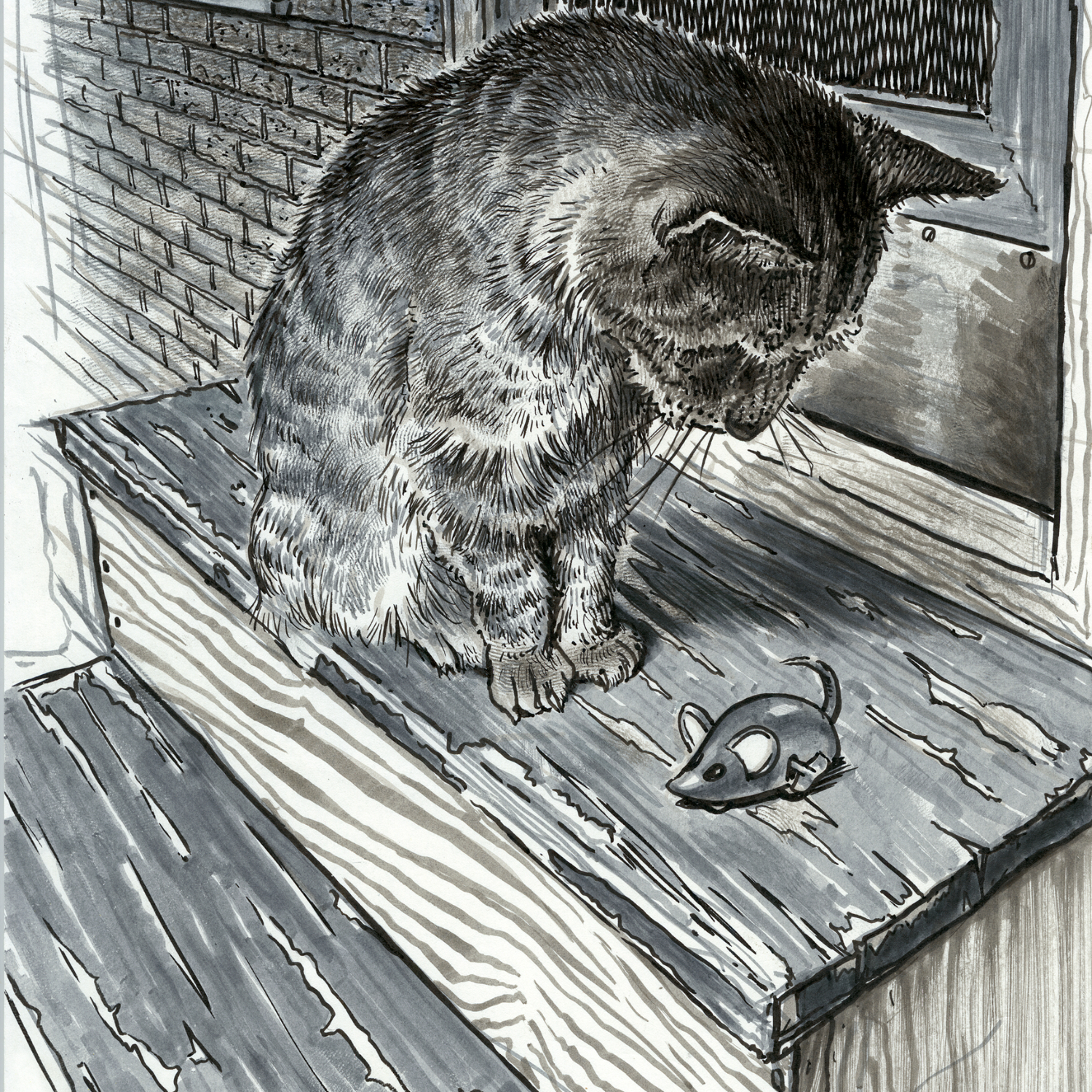 Pitt Artist Pen Tuschestift Set von Faber Castell, 8-teilig. Eine Katze beobachtet eine Spielzeugmaus auf einer Holztreppe.