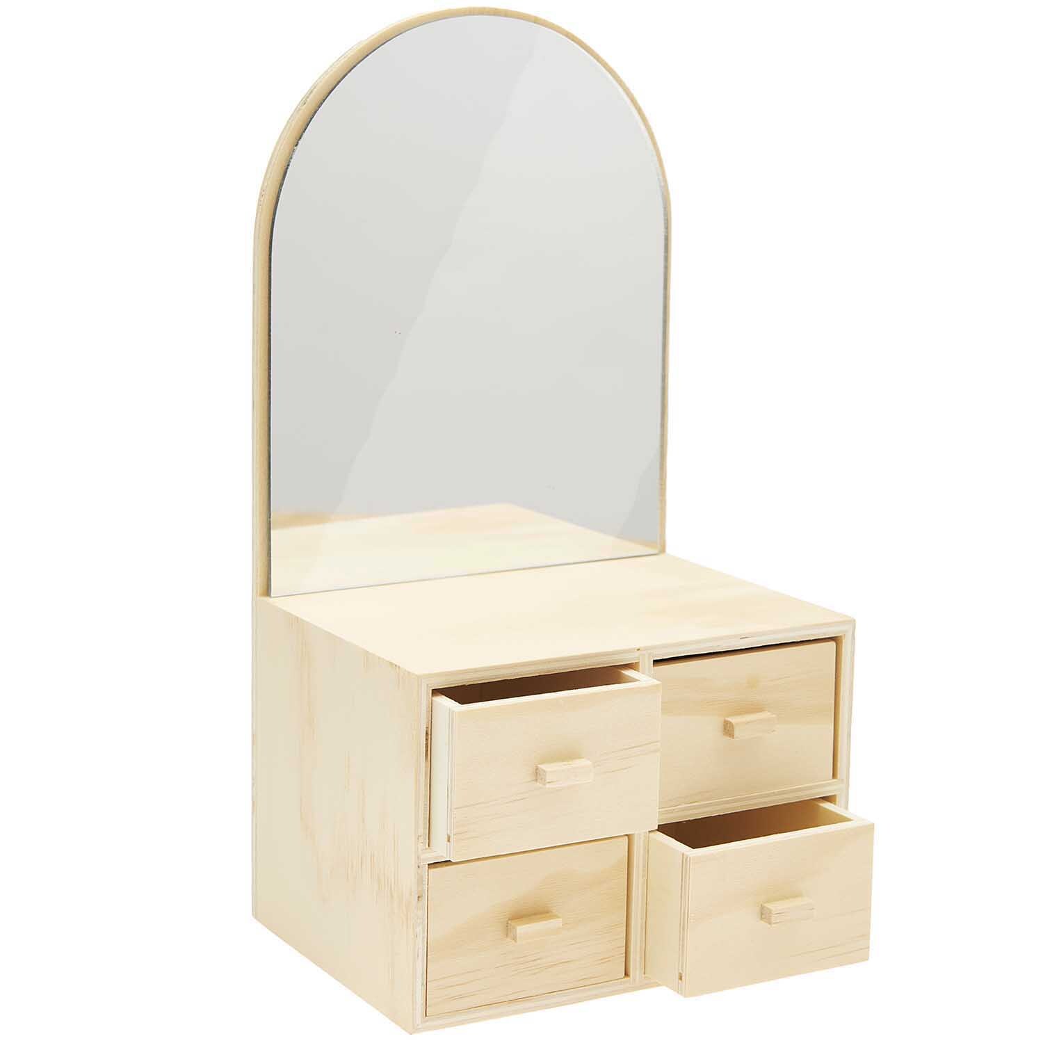 Kommode aus Holz mit Spiegel und vier Schubladen, ideal für die Organisation kleiner Gegenstände. Marke: Rico Design.