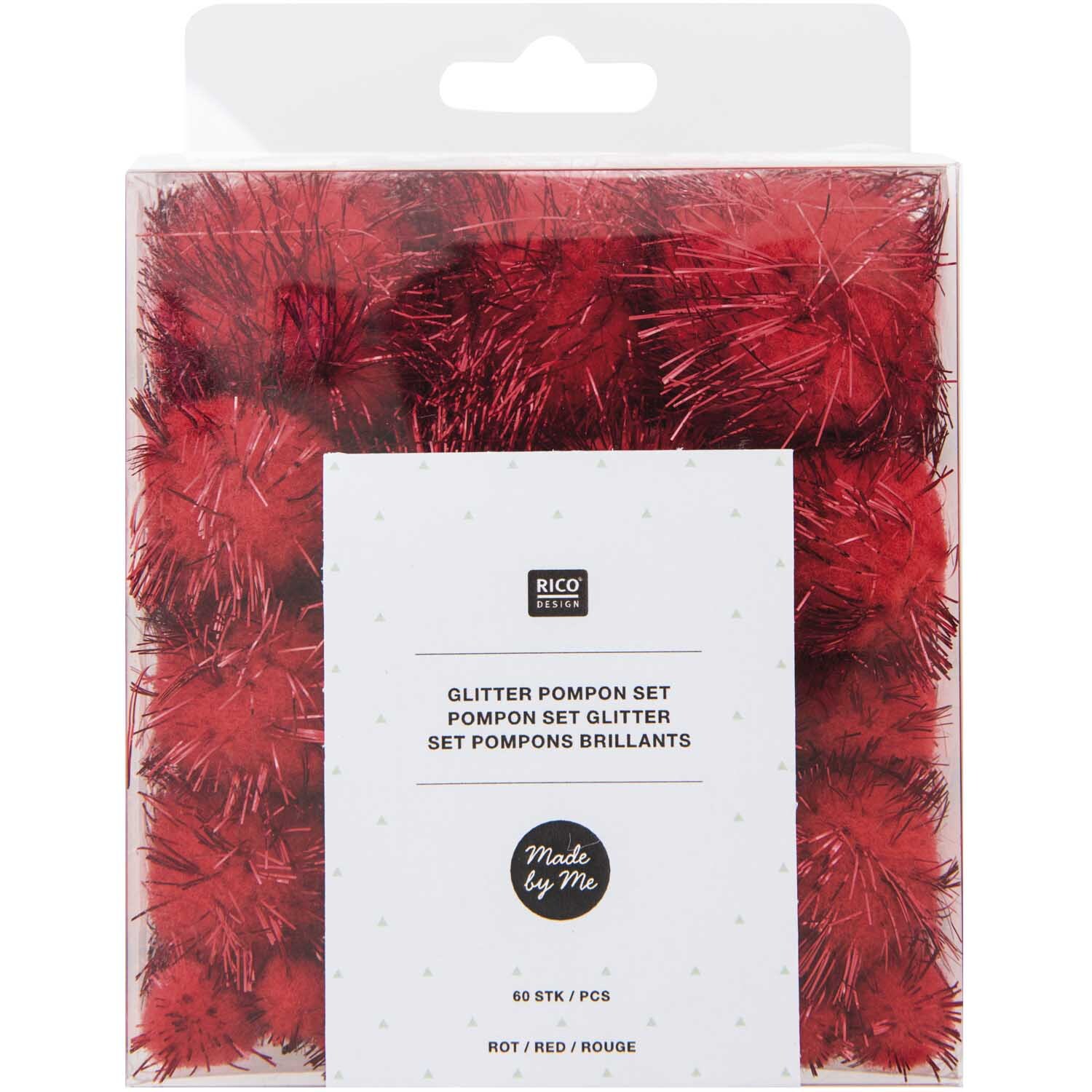 Glitter Pompons 63 Stück in leuchtendem Rot von Rico Design, verpackt in einer transparenten Box. Ideal für kreative Bastelprojekte.