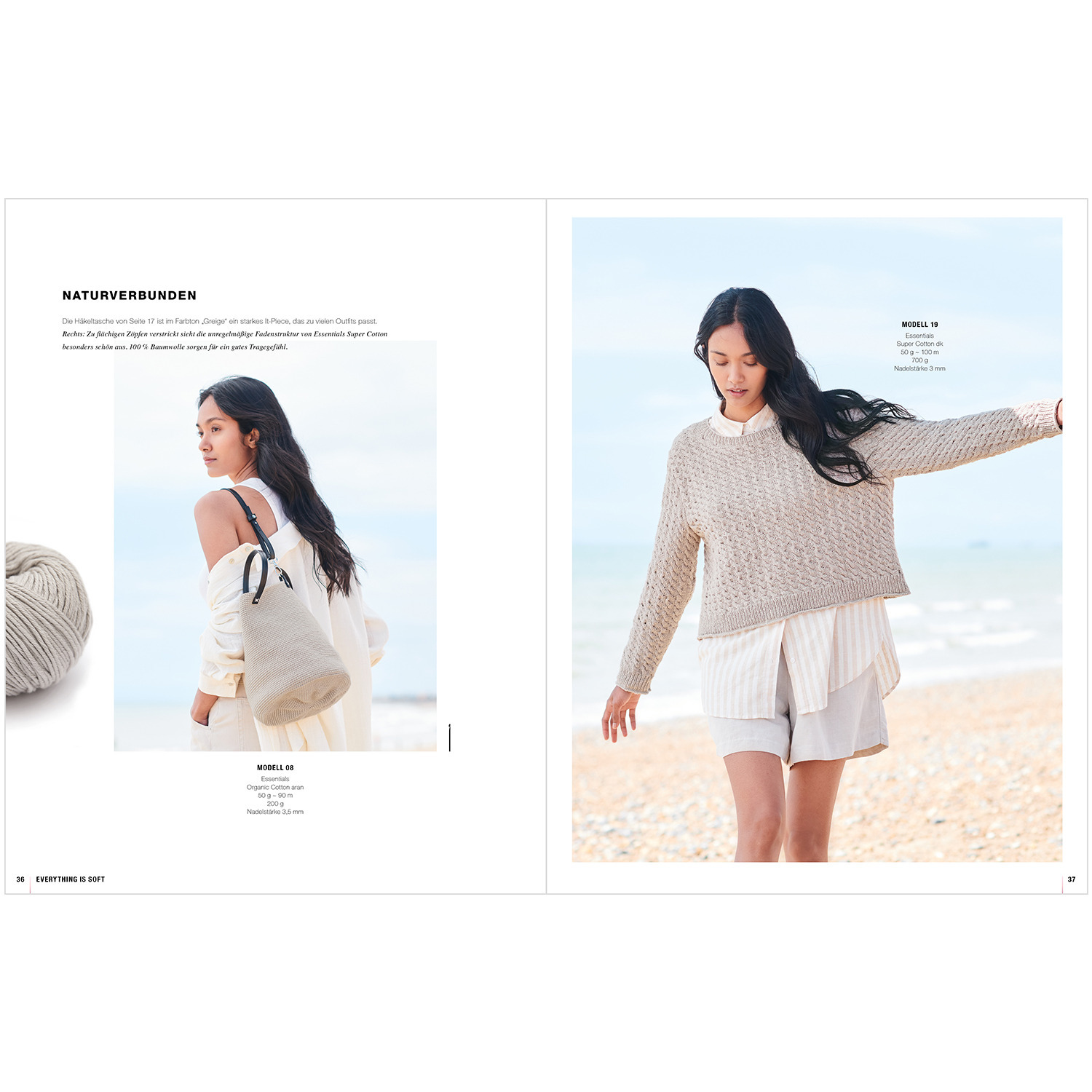 Lovewool Nr.18 Handstrickmagazin Frühjahr-Sommer zeigt eine Frau am Strand in einem hellen Strickpullover von Rico Design.